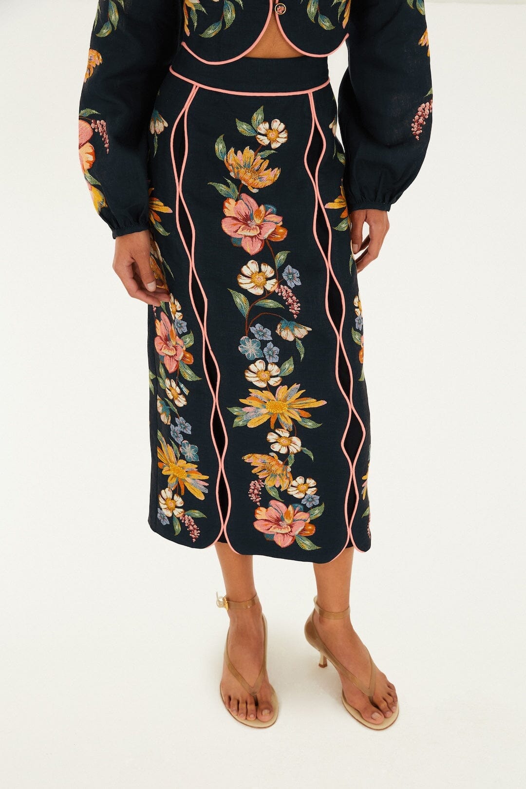 Dark Blue Maira Floral Euroflax Premium Linen Midi Skirt