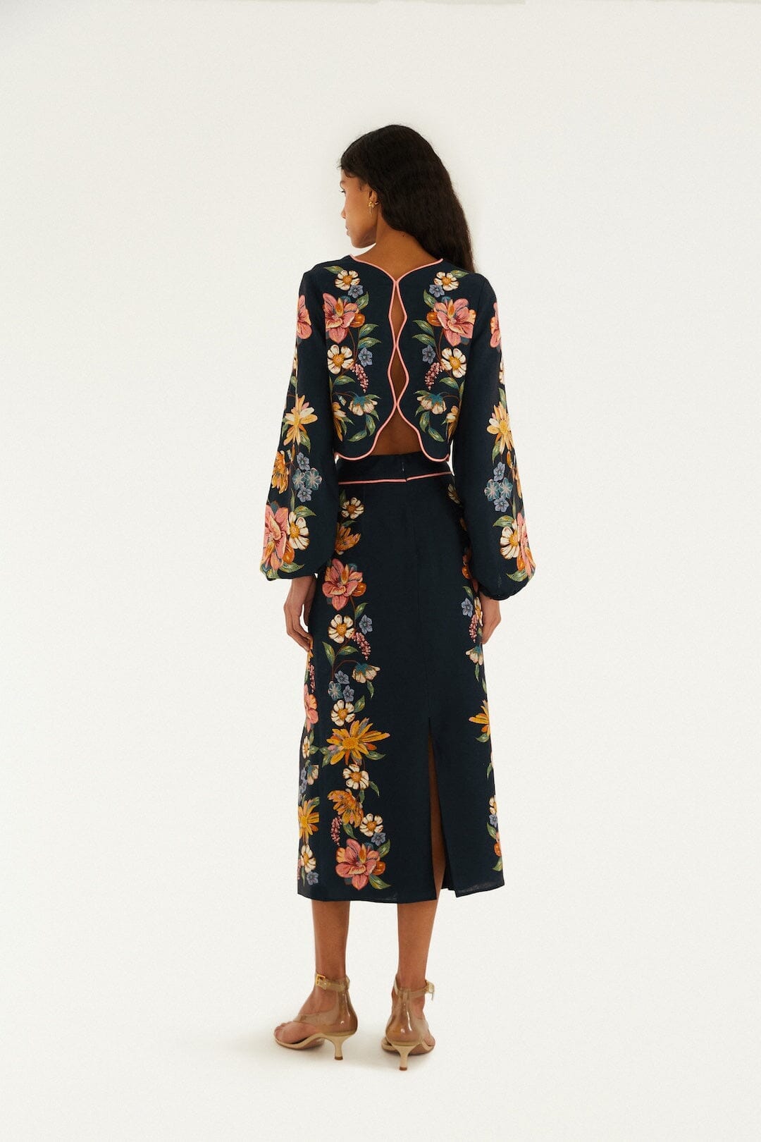 Dark Blue Maira Floral Euroflax Premium Linen Midi Skirt