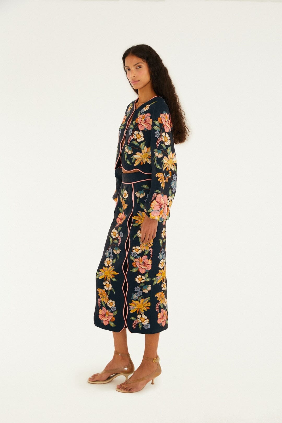 Dark Blue Maira Floral Euroflax Premium Linen Midi Skirt