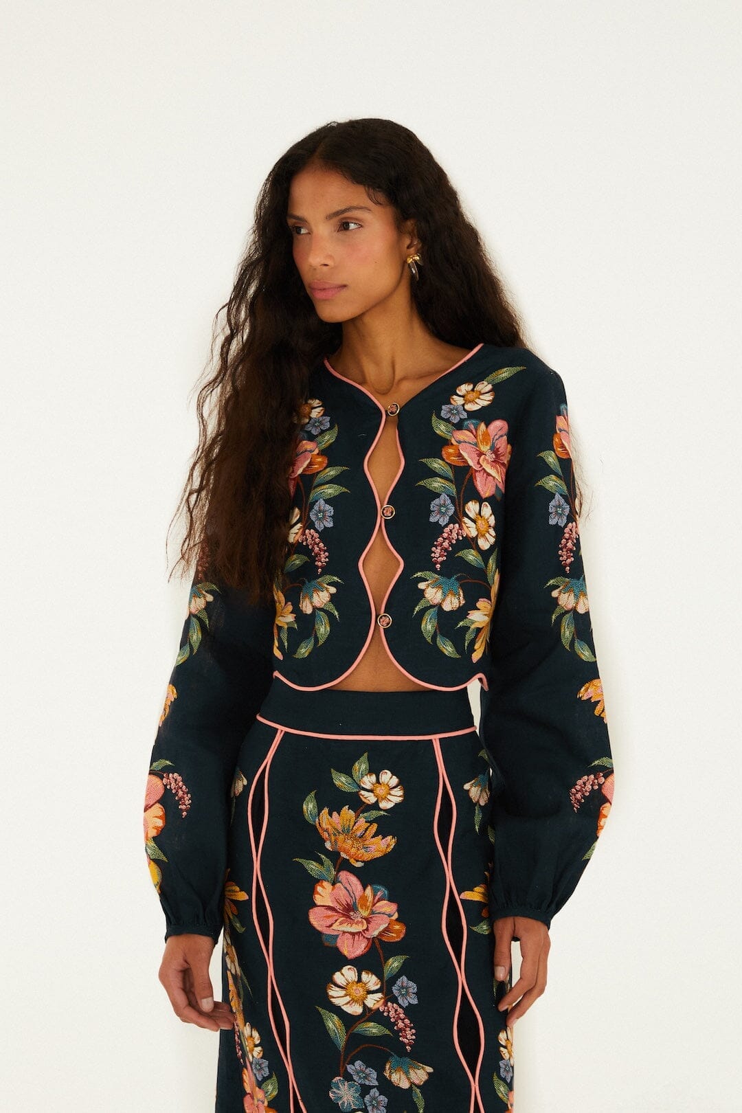 Dark Blue Maira Floral Euroflax Premium Linen Top