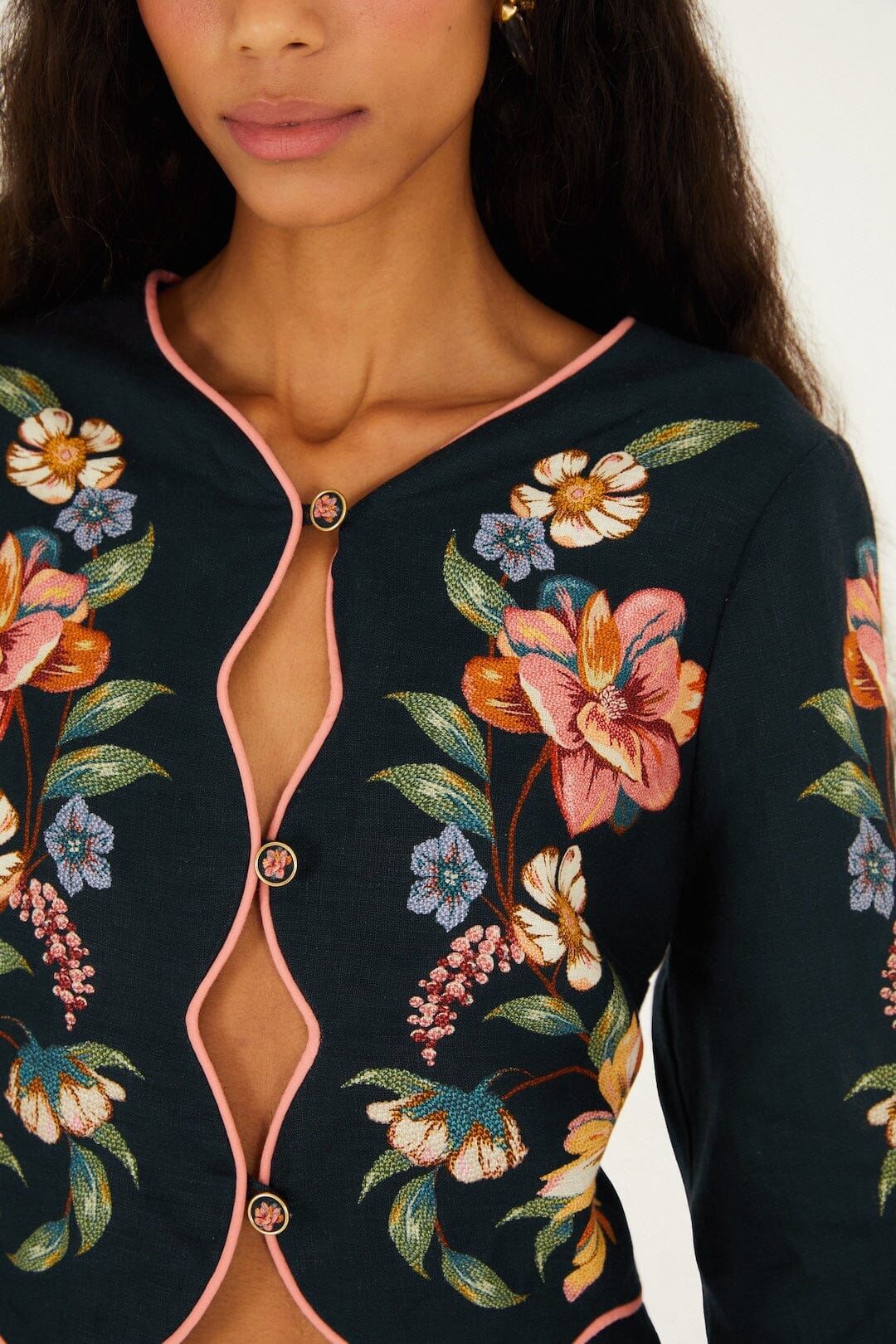 Dark Blue Maira Floral Euroflax Premium Linen Top