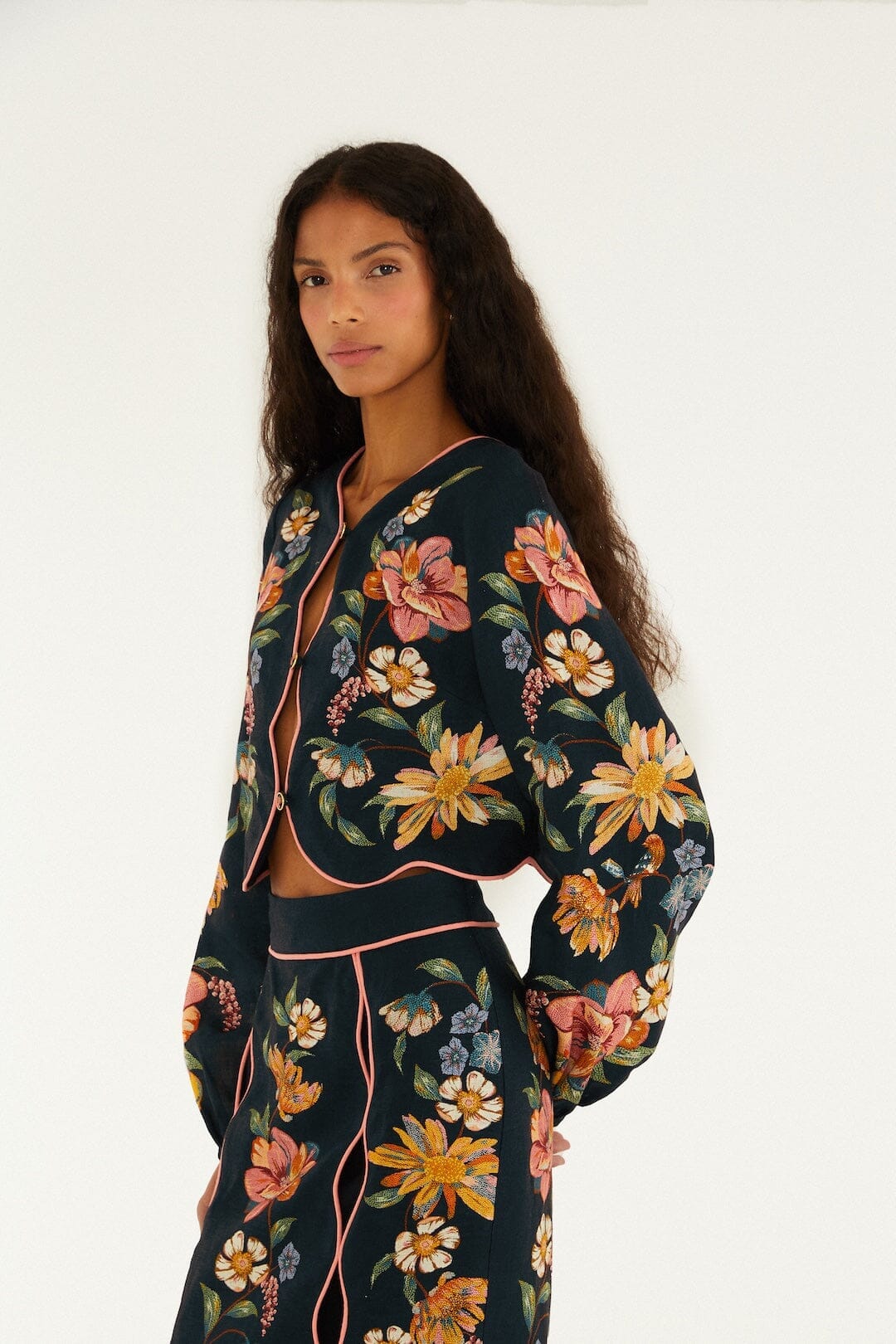 Dark Blue Maira Floral Euroflax Premium Linen Top