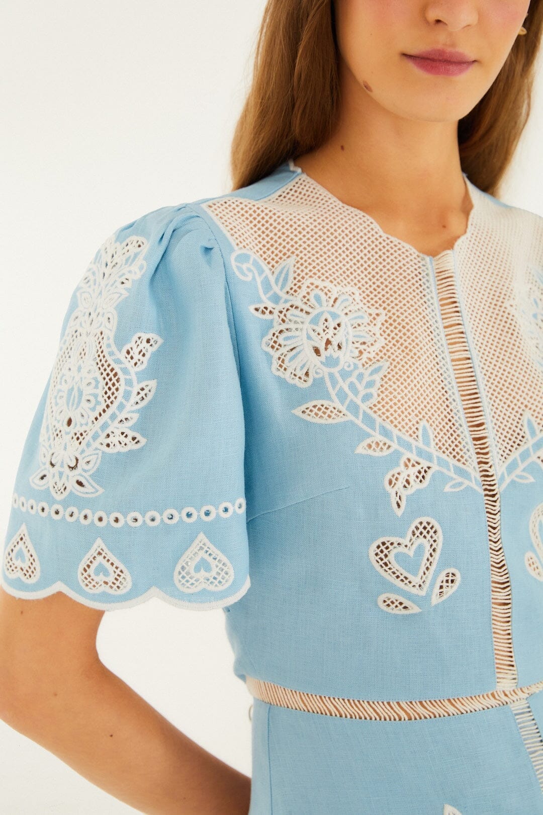Light Blue Embroidered Euroflax Premium Linene Midi Dress