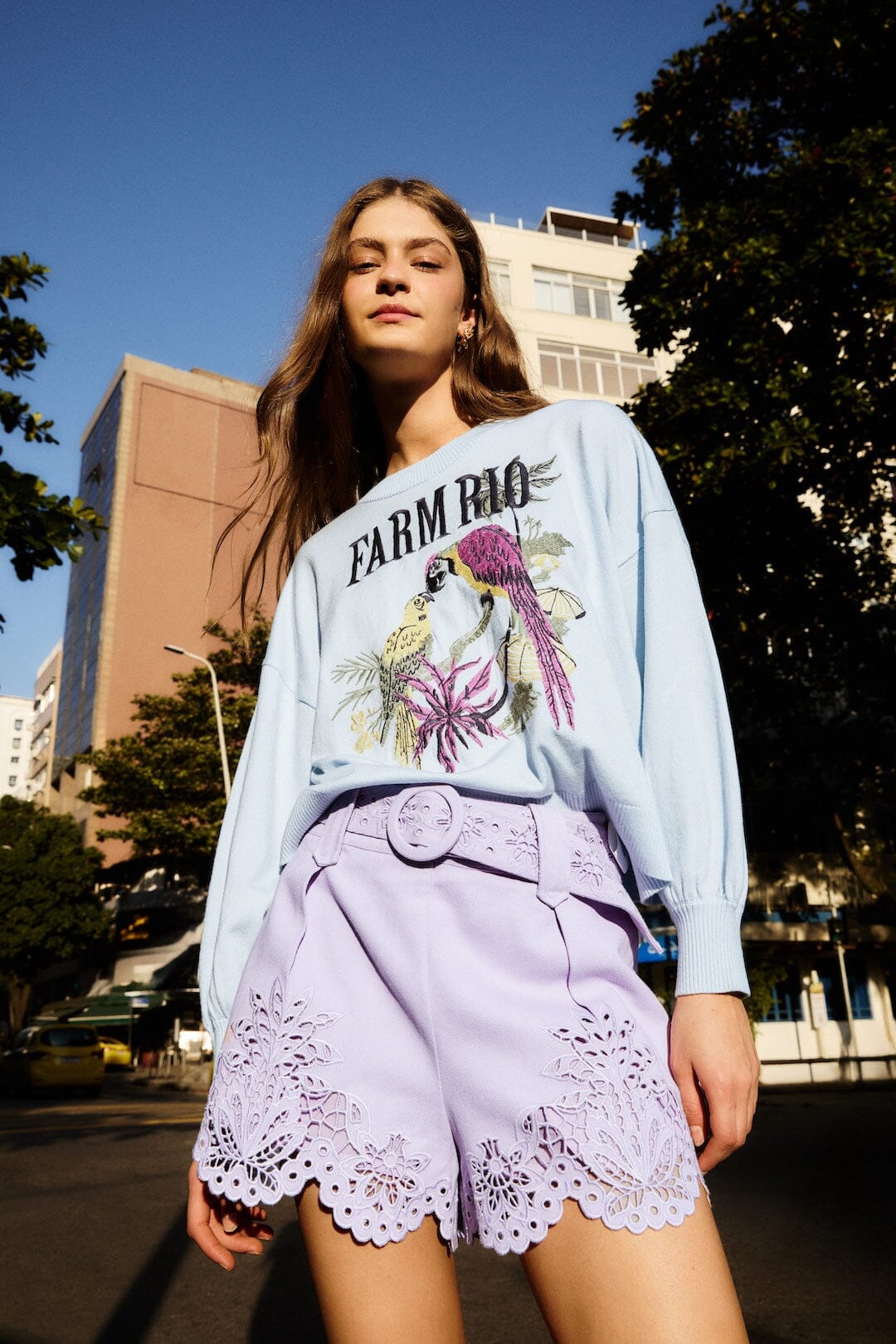 Lilac Geometric Richelieu Twill Belted Shorts