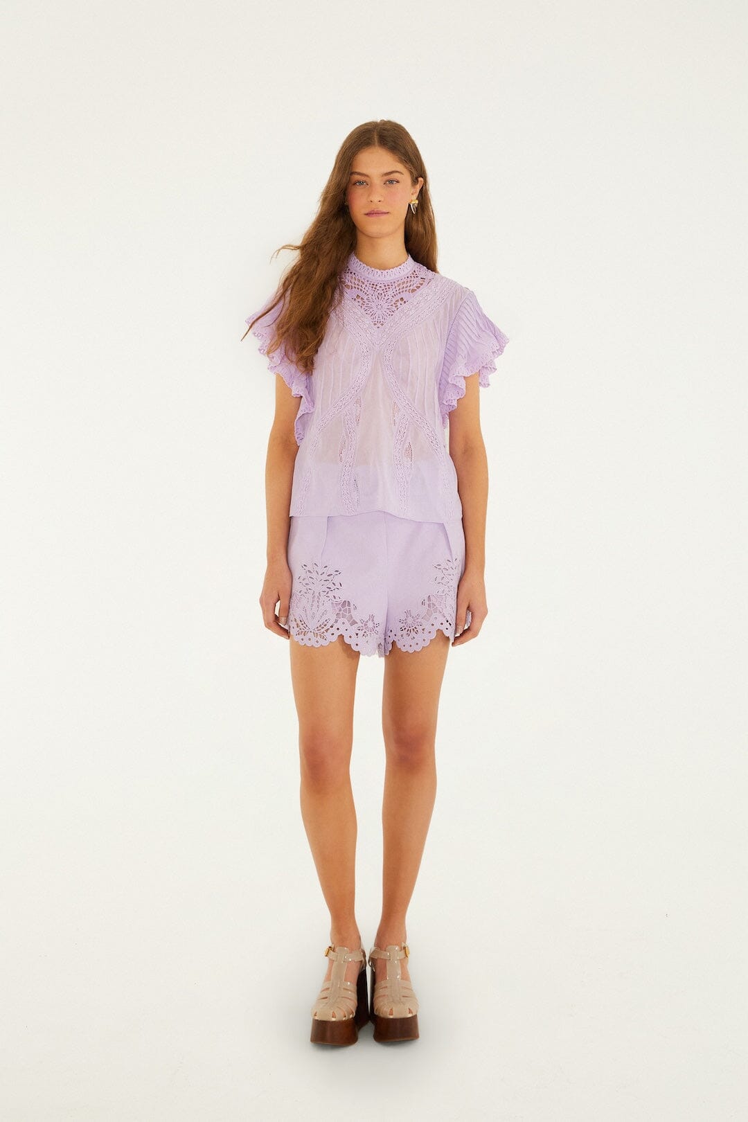 Lilac Geometric Richelieu Twill Belted Shorts