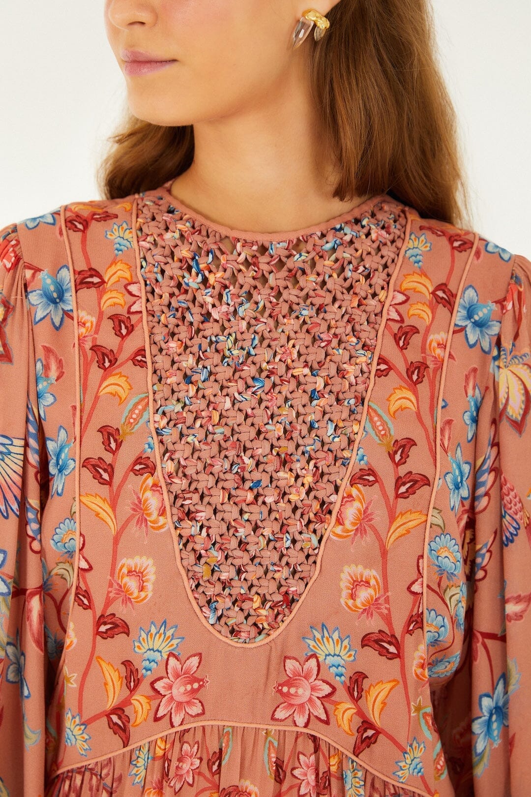 Mocha Boho Enhance Lace Long Sleeve Mini Dress