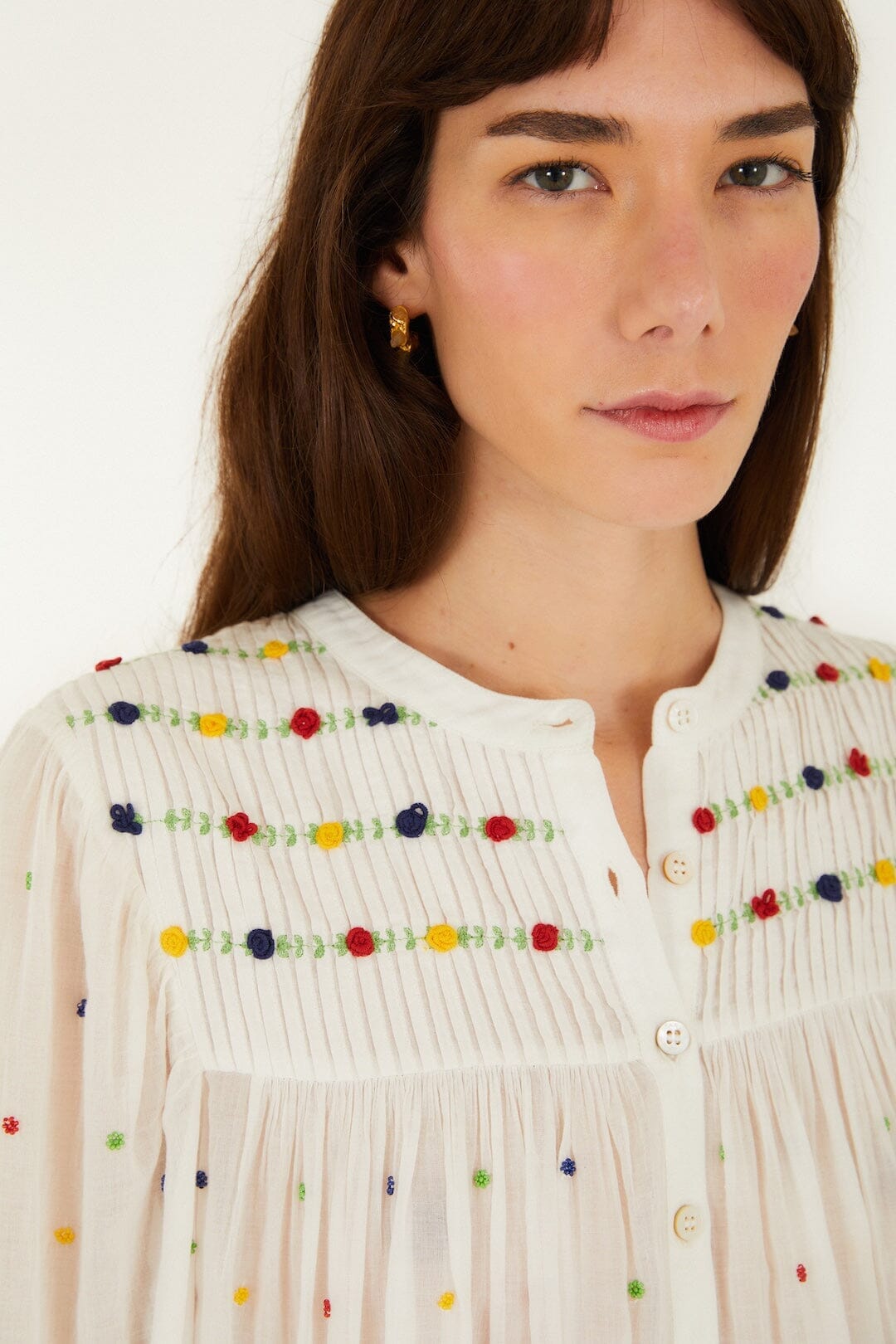 Off-White Embroidered Beads Organic Cotton Long Sleeve Blouse