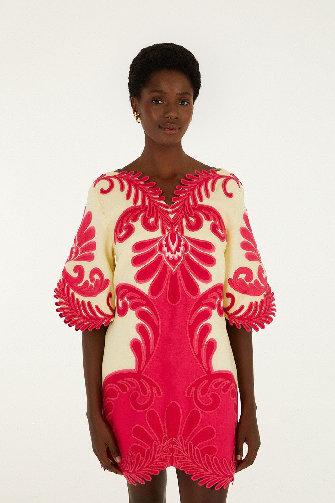 Pink Spring Arabesc Embroidered Euroflax Premium Linen Mini Dress