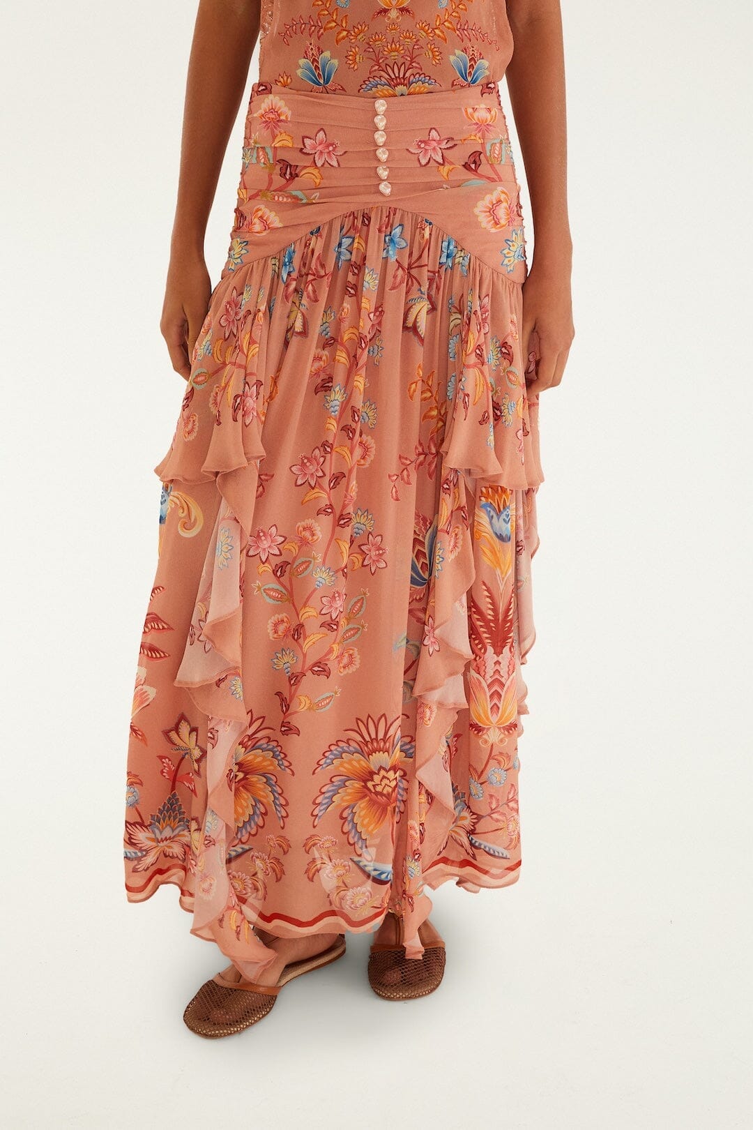 Mocha Boho Enhance Ruched Ruffled Maxi  Skirt