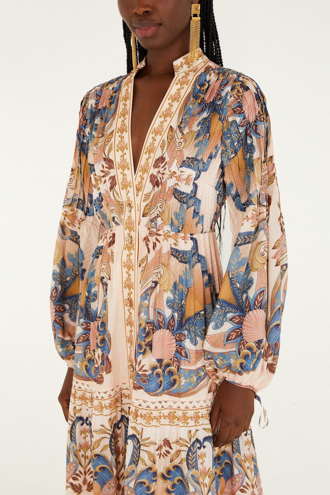 Soft Pink Sea Garden Scarf Pleated Midi Dress