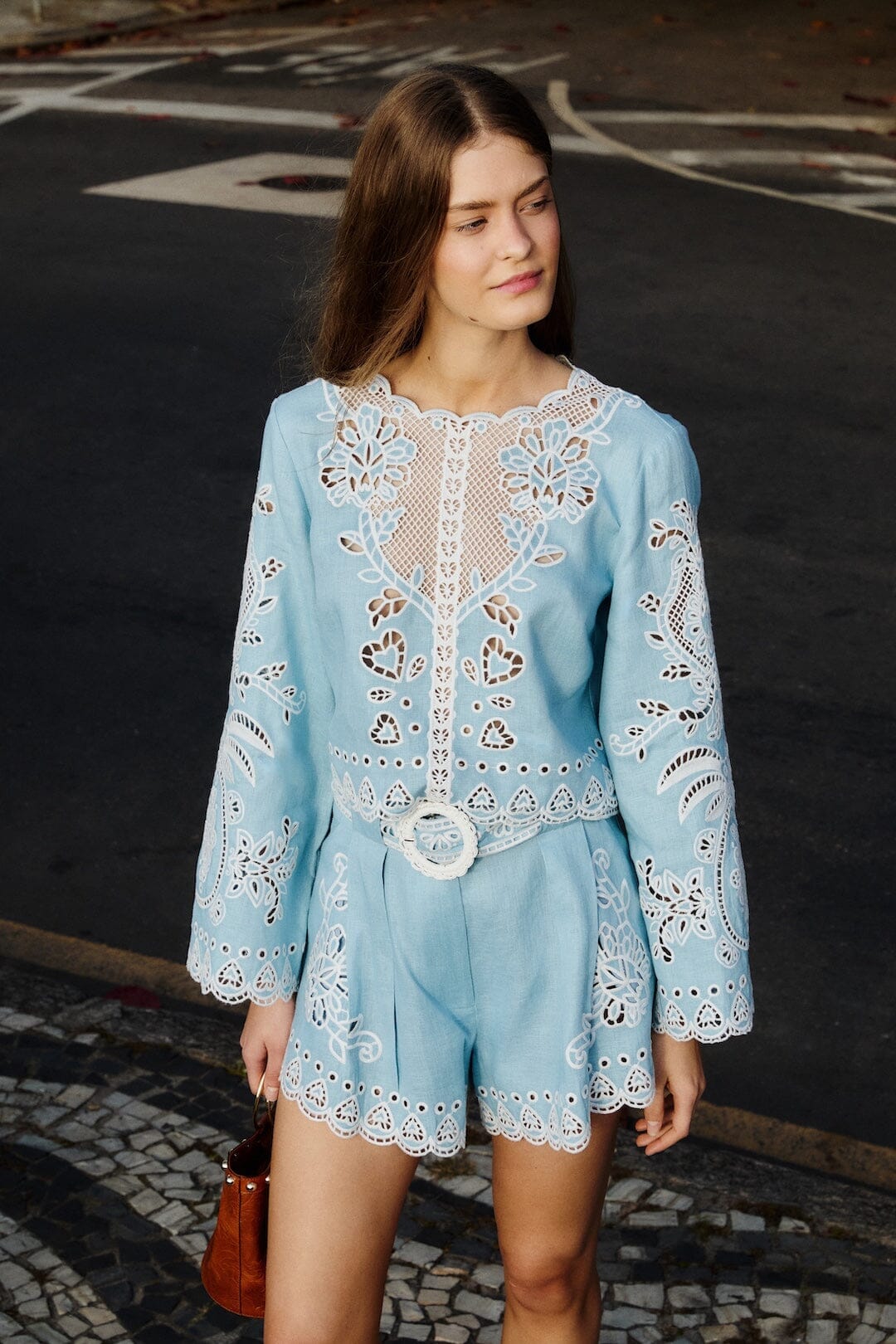 Light Blue Romantic Richelieu Euroflax Premium Linen Shorts