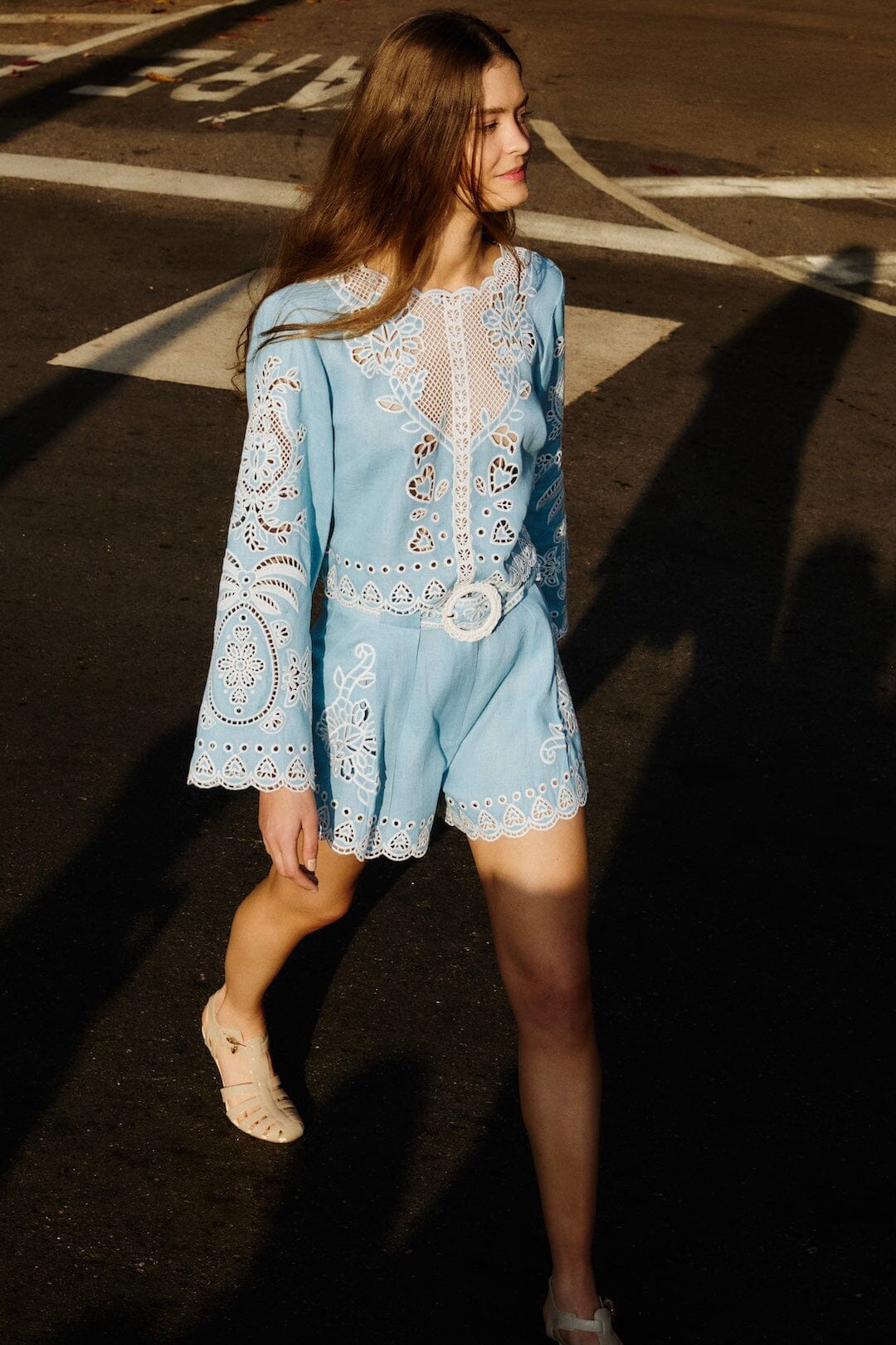 Light Blue Romantic Richelieu Euroflax Premium Linen Blouse