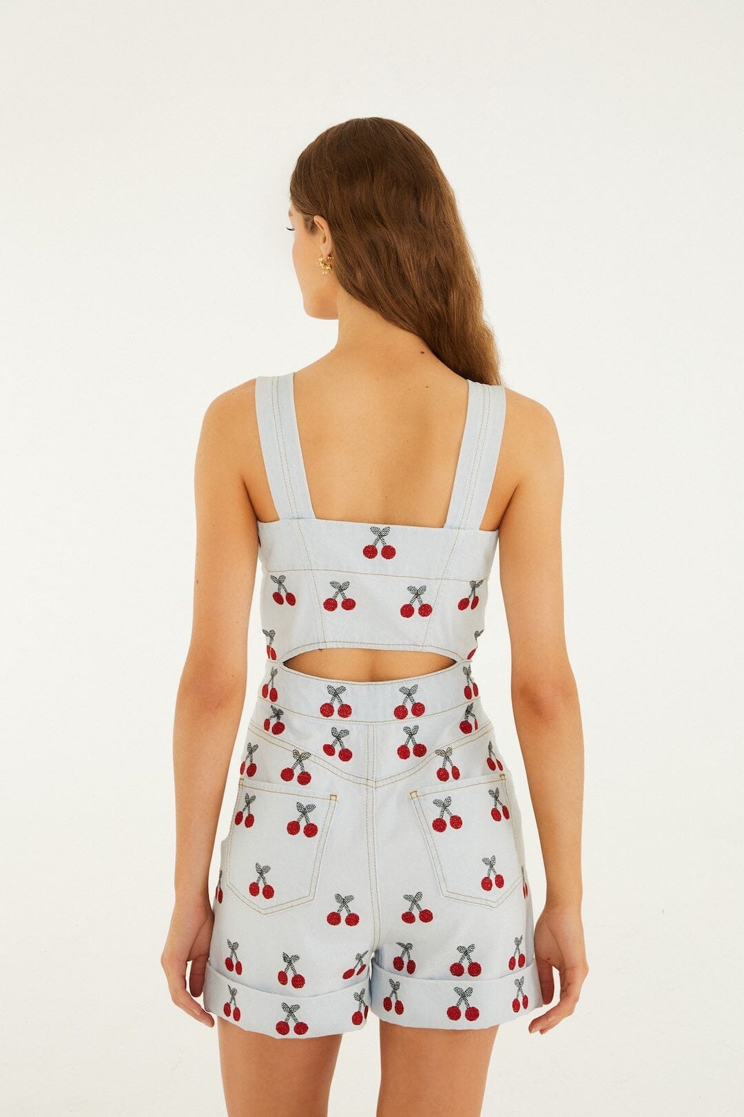Embroidered Cherry Denim Romper