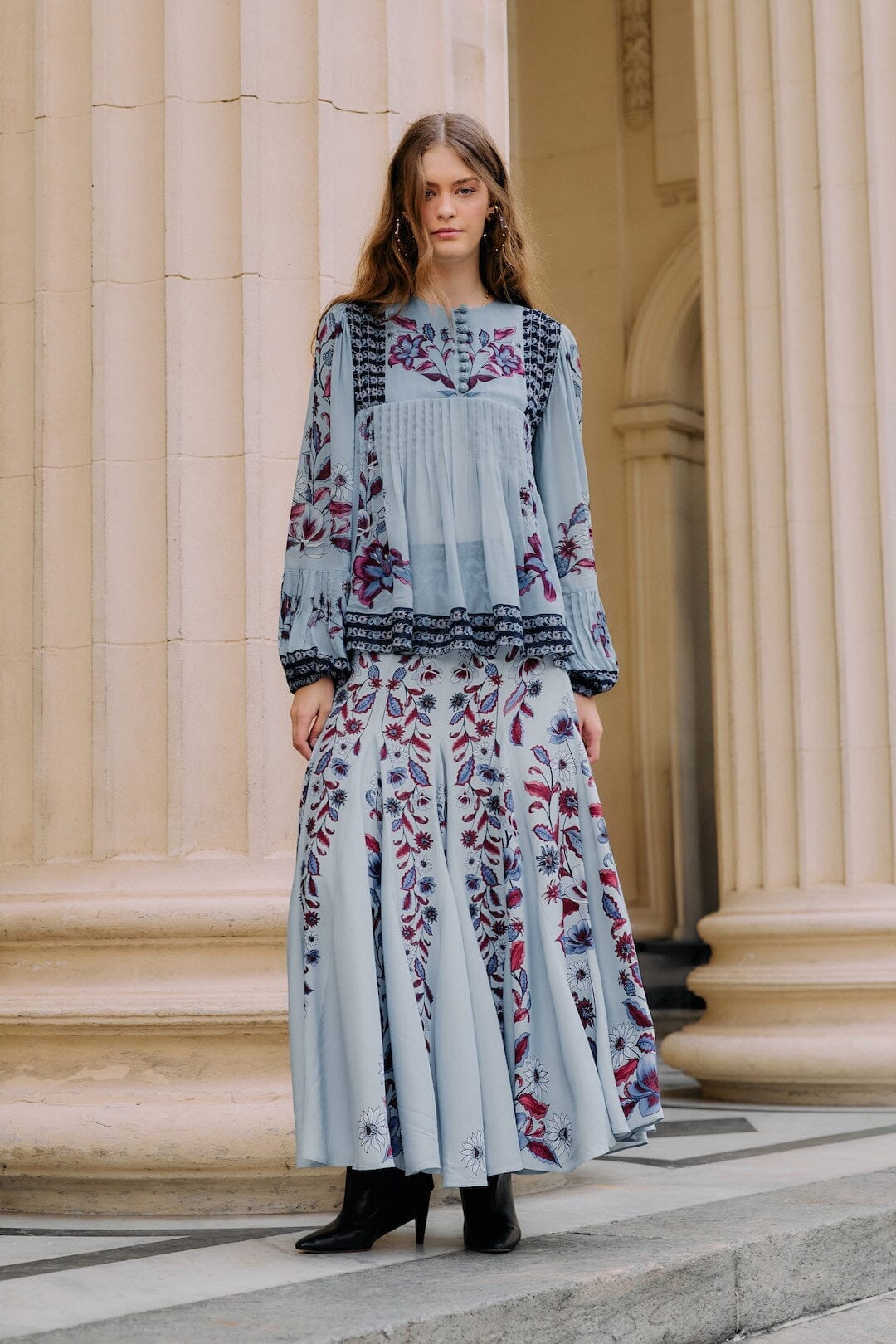 Soft Blue Marcelle Pleated Maxi Skirt | FARM Rio
