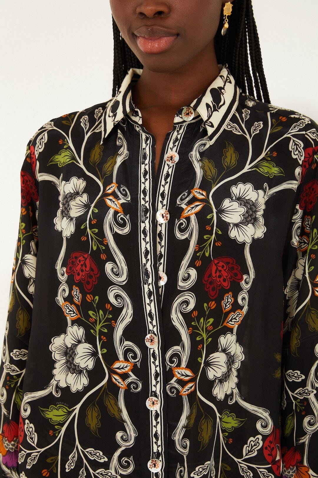 Black Rococo Flowers Collared Buttoned Shirt