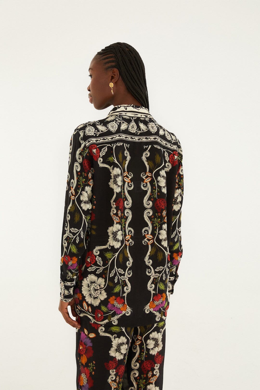 Black Rococo Flowers Collared Buttoned Shirt