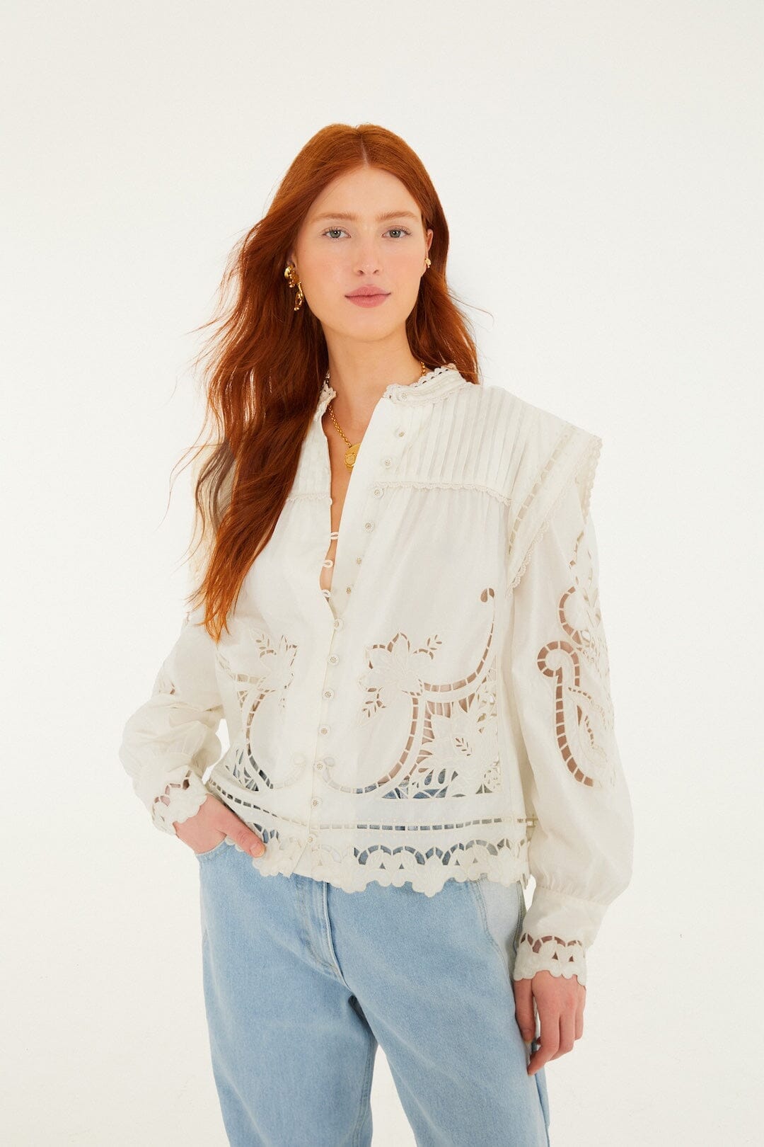 Off-White Richelieu Puff Sleeve Organic Cotton Blouse