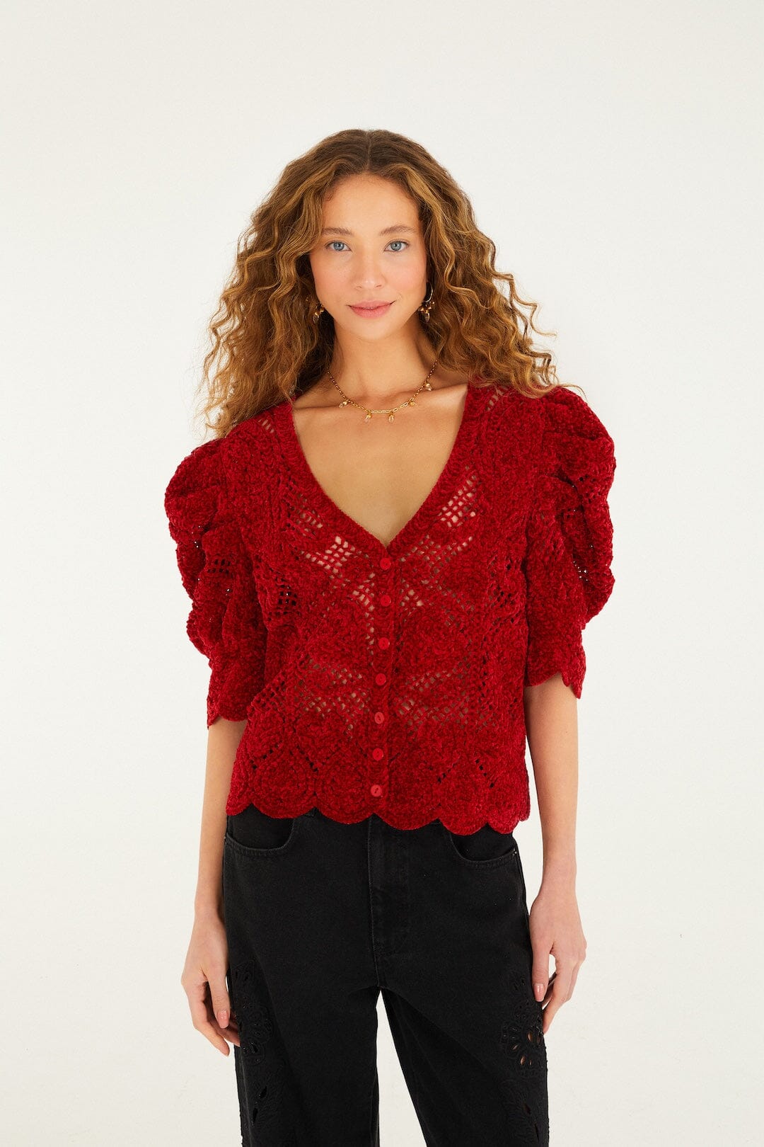 Red Rococo Hearts Puff Sleeve Crochet Cardigan | FARM Rio