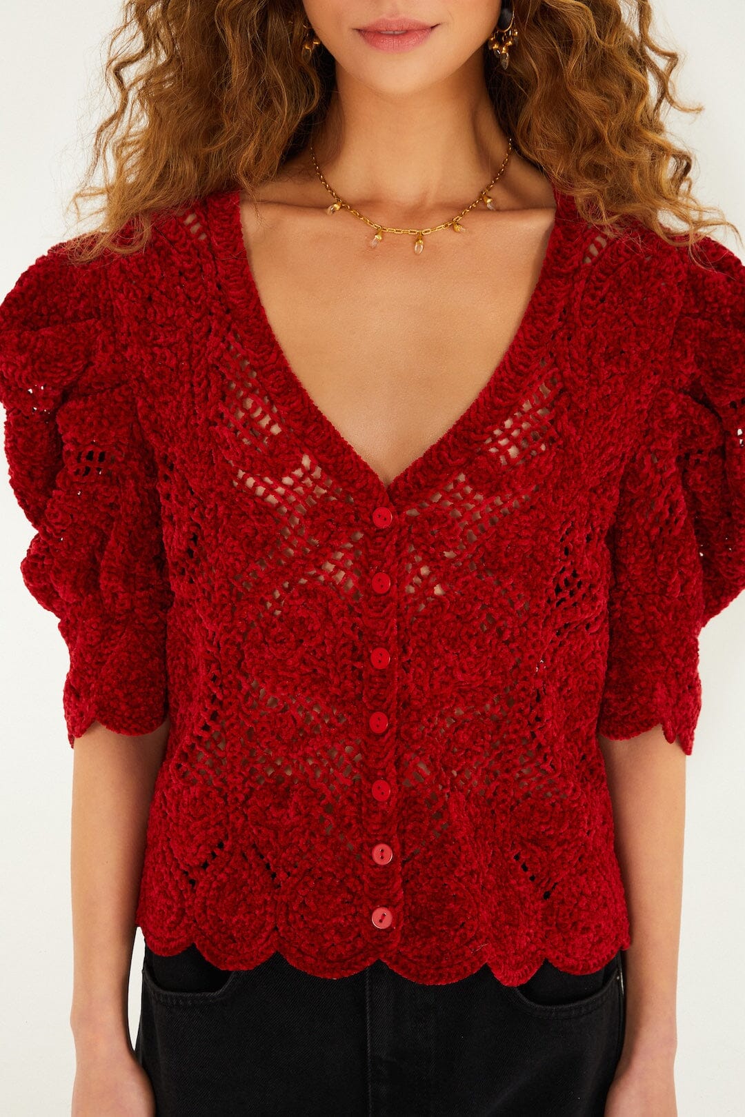 Red Rococo Hearts Puff Sleeve Crochet Cardigan | FARM Rio