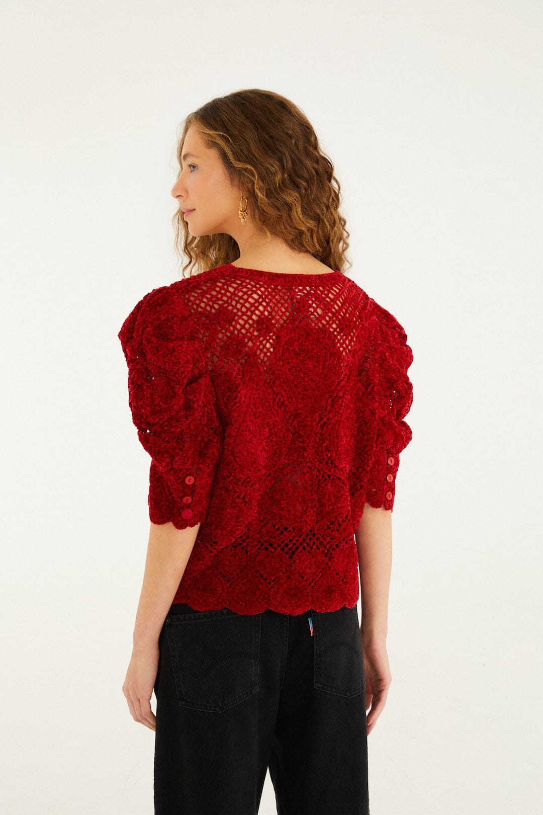 Red Rococo Hearts Puff Sleeve Crochet Cardigan