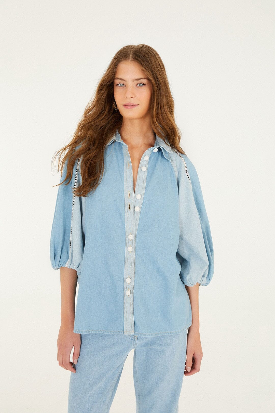 Denim Bicolor Puff Sleeve Shirt