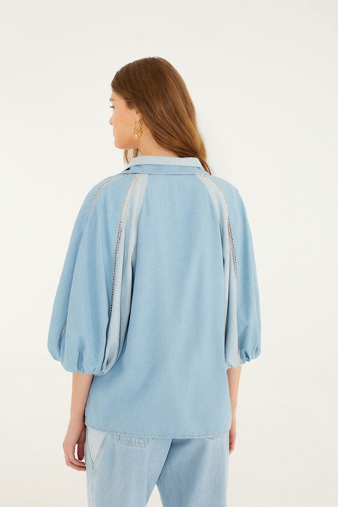 Denim Bicolor Puff Sleeve Shirt