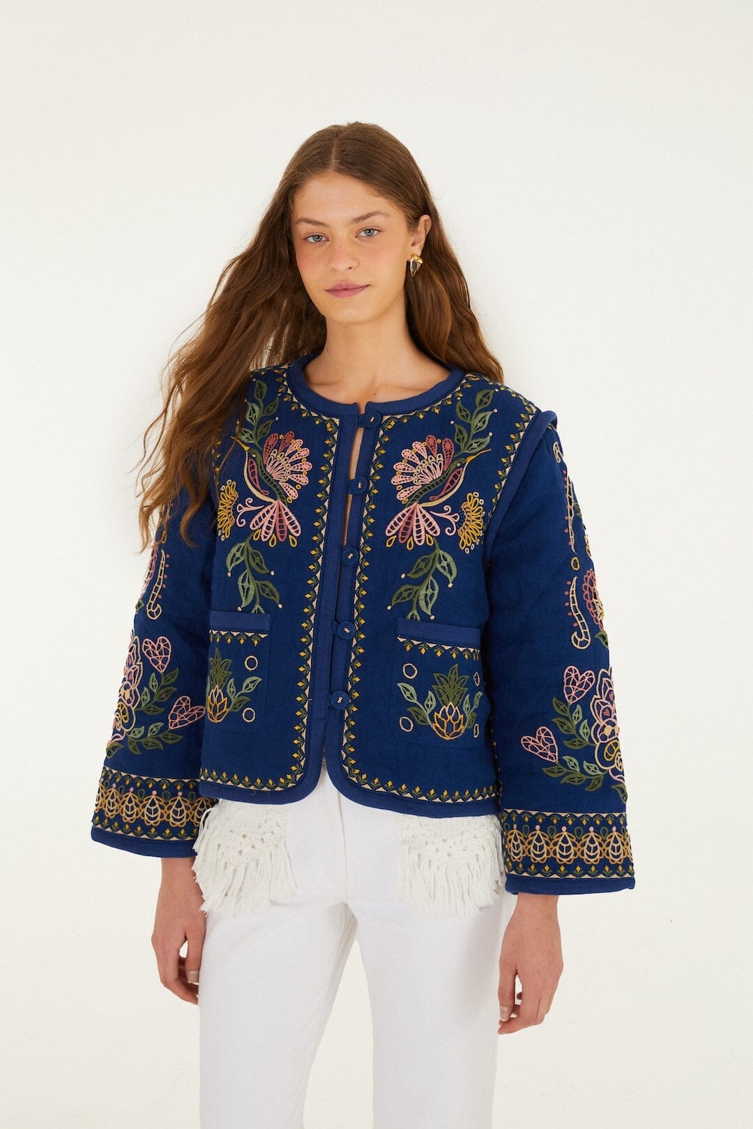 Dark Blue Embroidered Pockets Richelieu Jacket