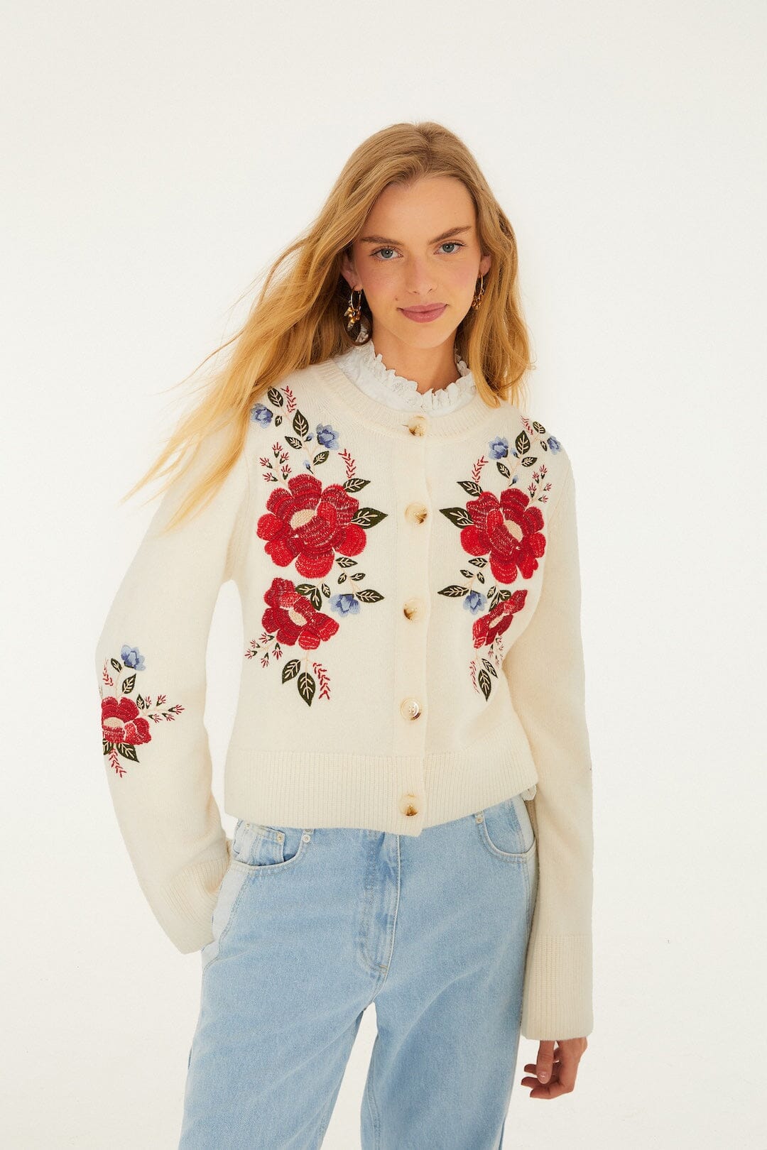 Cream Embroidered Flowers Buttoned Knit Cardigan