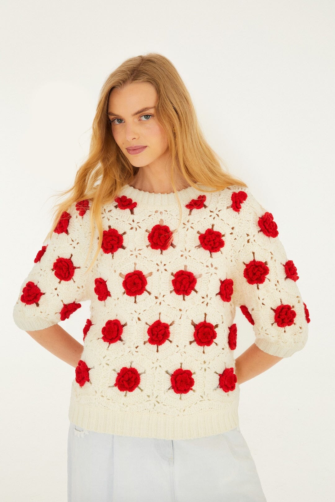 Red Flower Crochet Knit Blouse