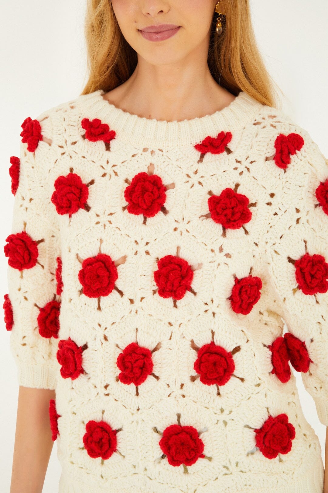 Red Flower Crochet Knit Blouse