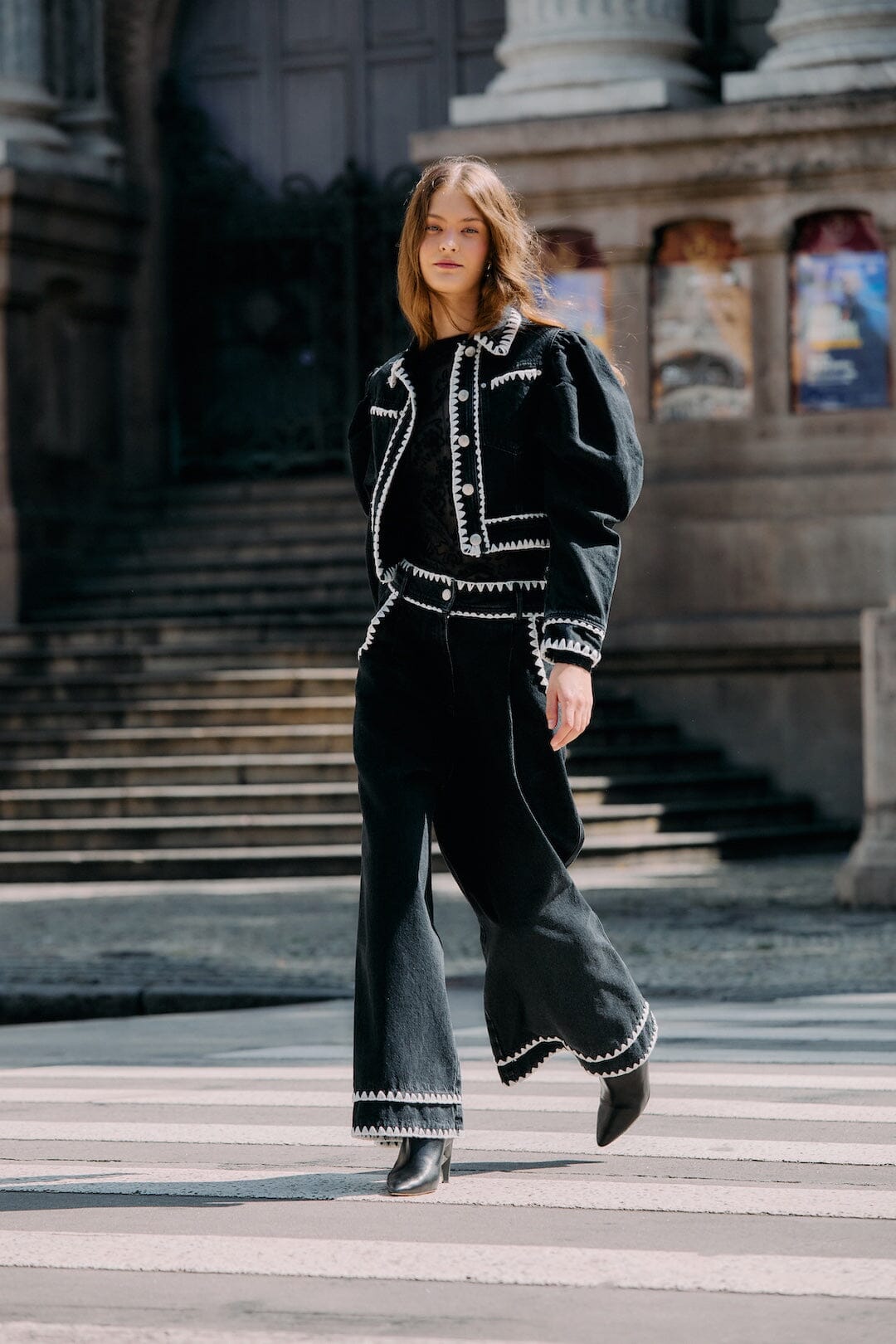 Black Crochet Embroidery Wide-Leg Denim Pants