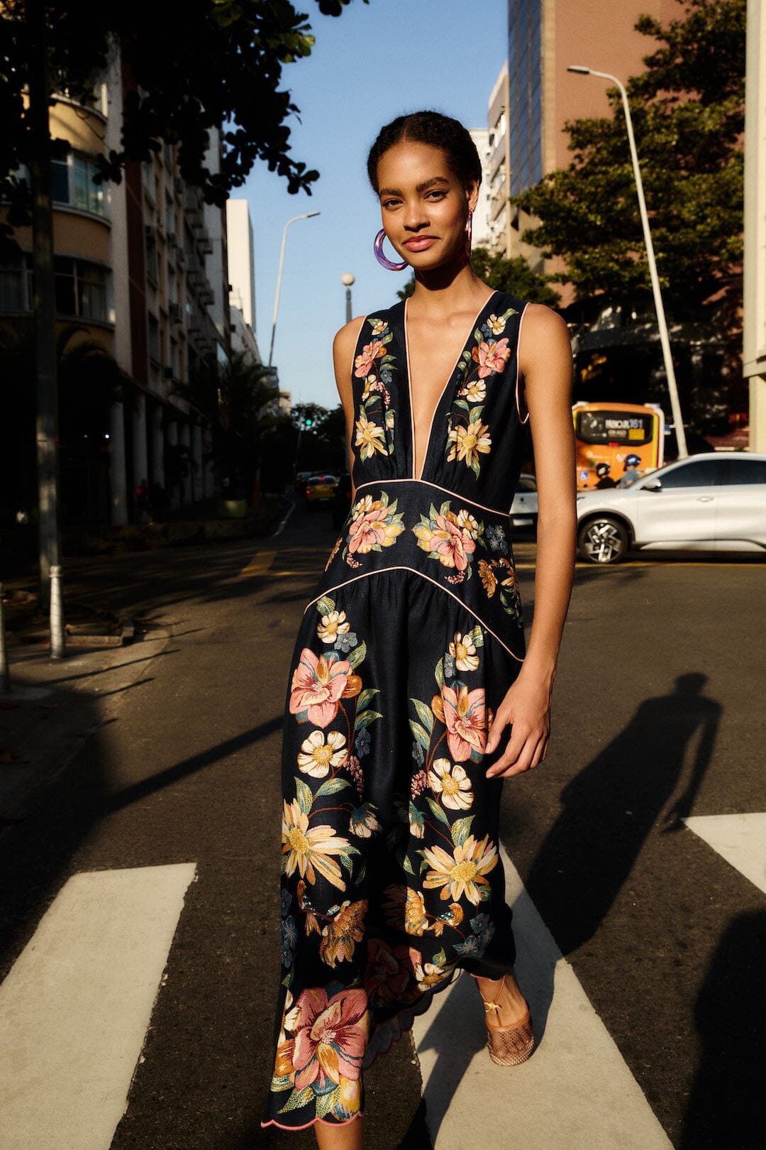 Dark Blue Maira Floral Euroflax Premium Linen Midi Dress