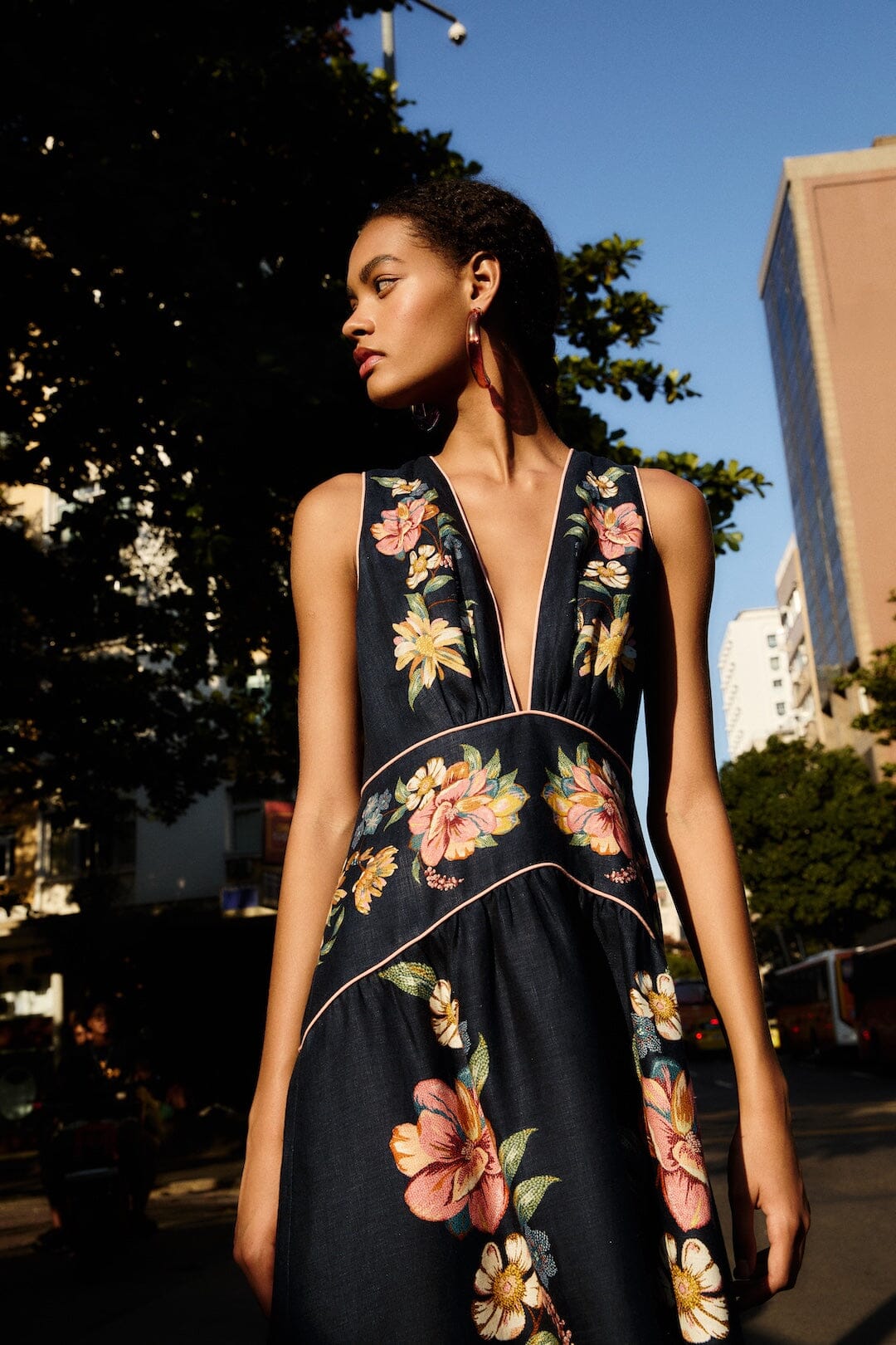 Dark Blue Maira Floral Euroflax Premium Linen Midi Dress
