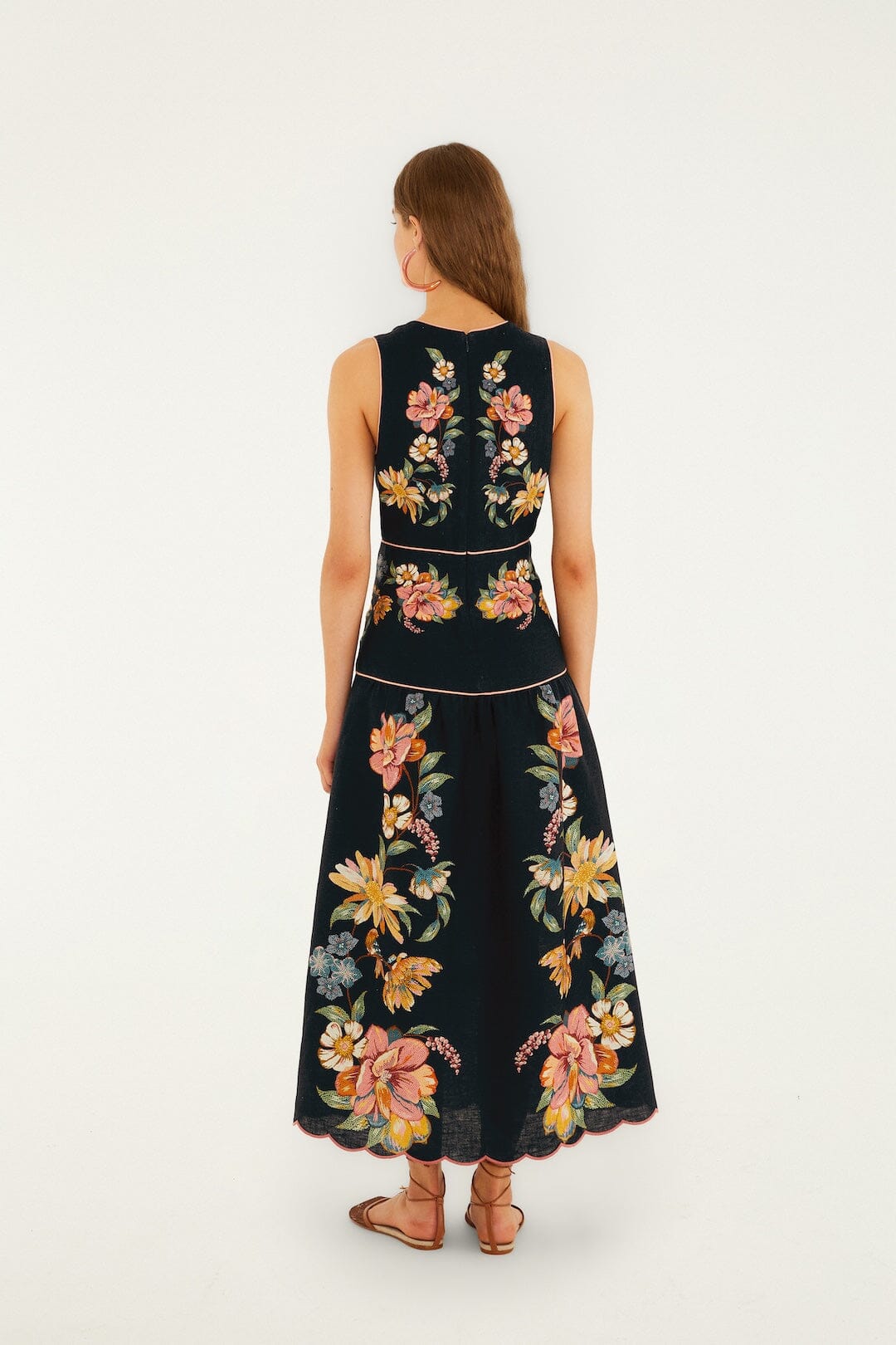 Dark Blue Maira Floral Euroflax Premium Linen Midi Dress