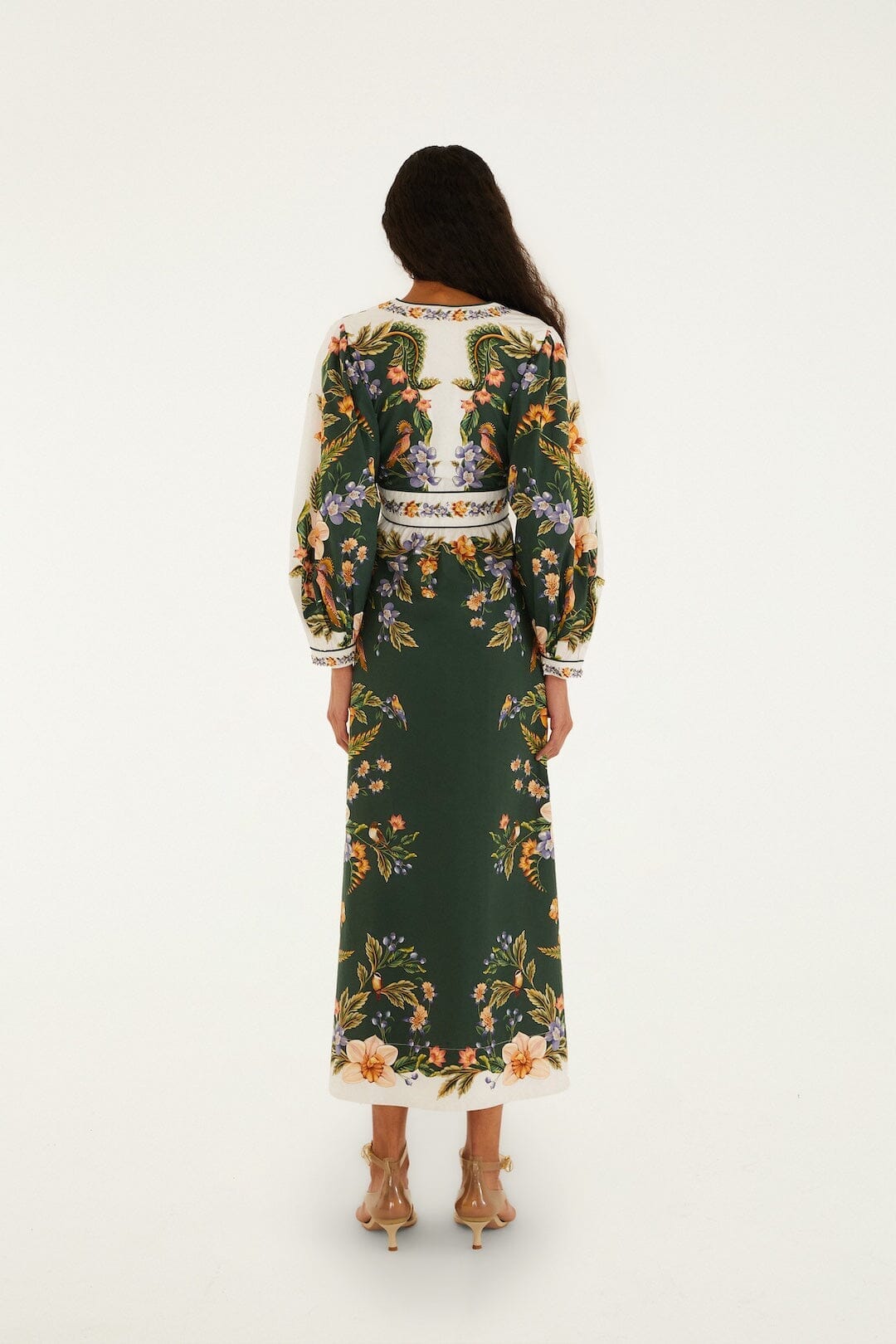 farm rio long-sleeve v-neck printed midi dress Farm Rio x Anthropologie Long-Sleeve V-Neck Midi Dress