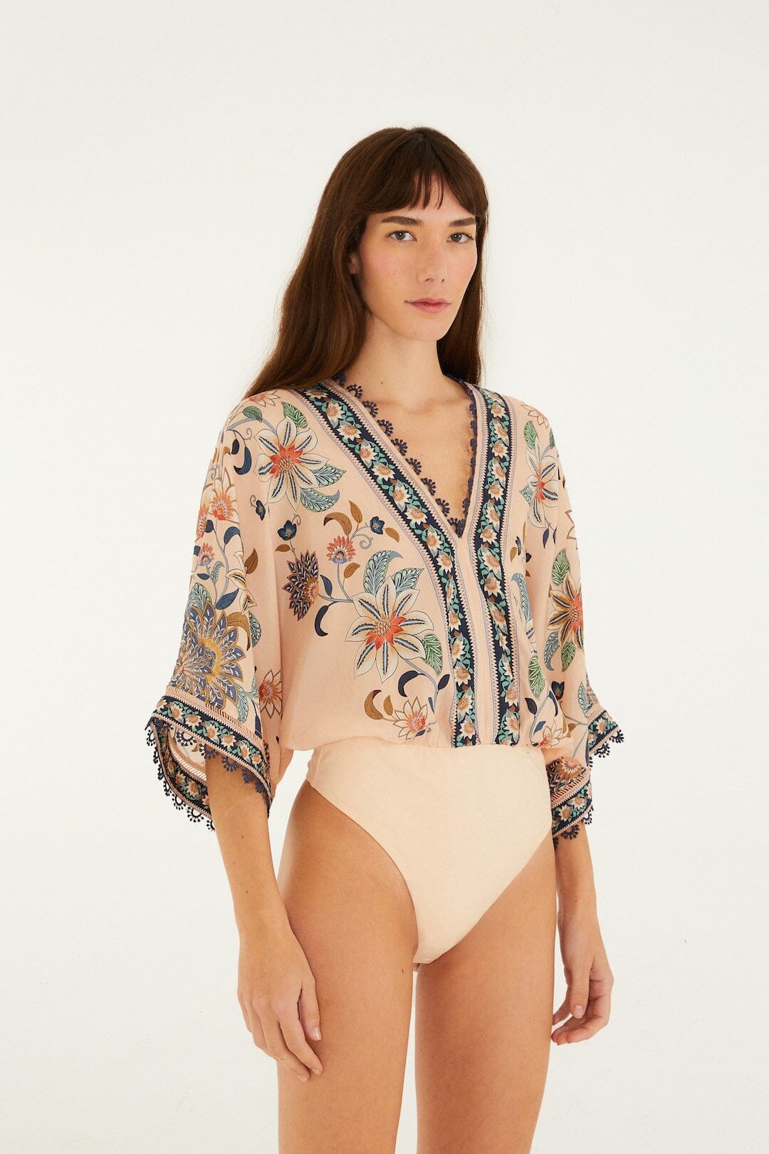 Soft Pink Floral Delhi Tapestry Kimono Sleeve Bodysuit