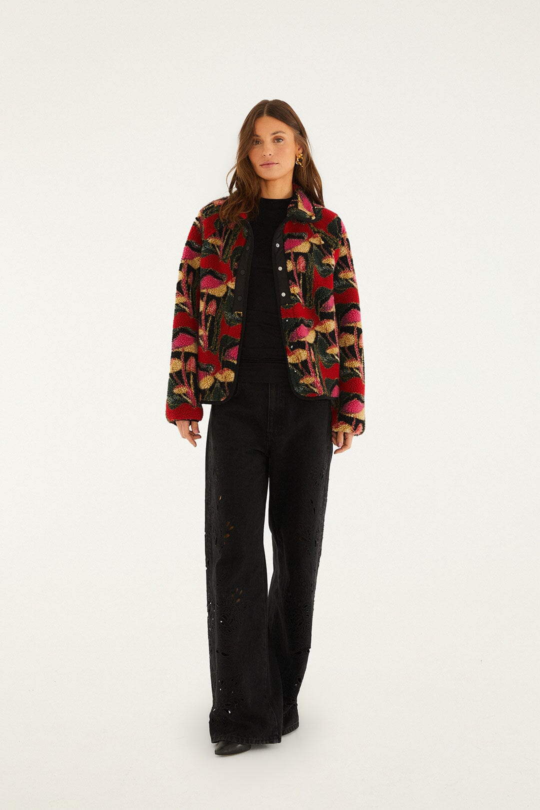 Black Wild Mushrooms Fleece Bomber Jacket