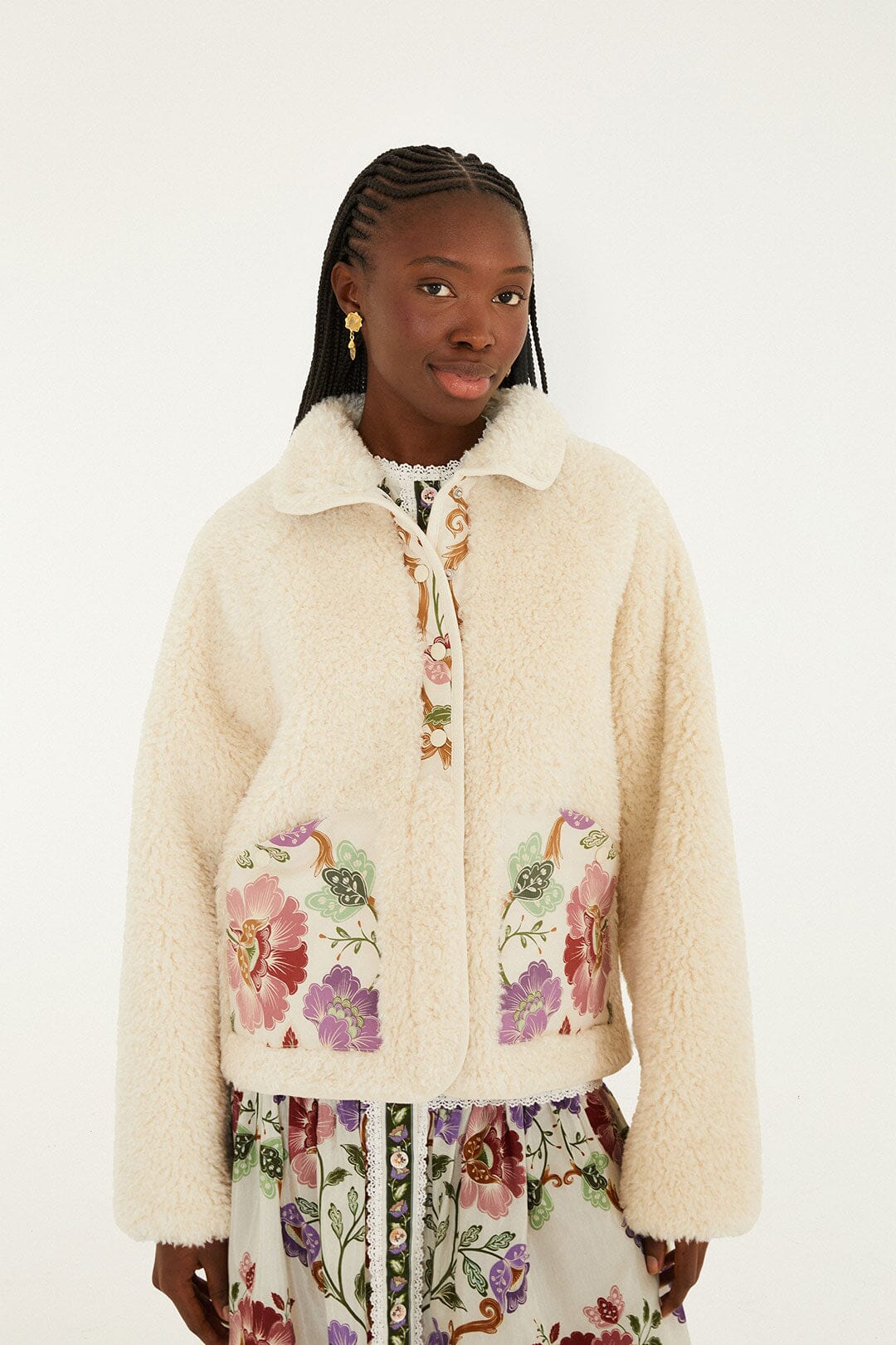 Cream Rococo Flowers Bomber Fleece Jacket