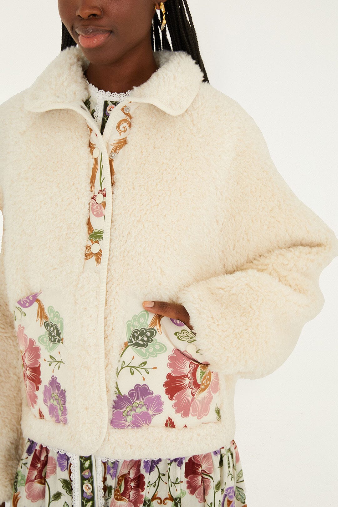 Cream Rococo Flowers Bomber Fleece Jacket
