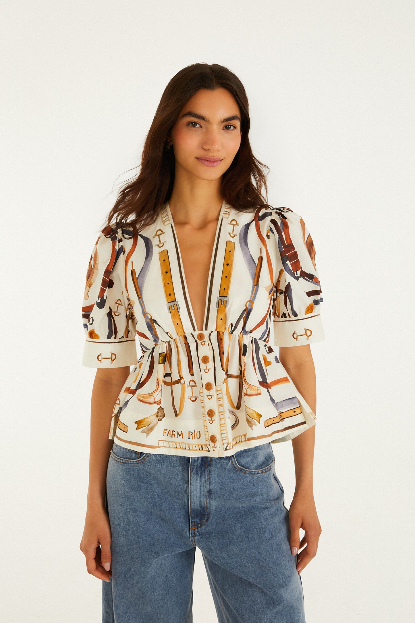 Off-White Equestrian Scarf Short Puff Sleeve Blouse