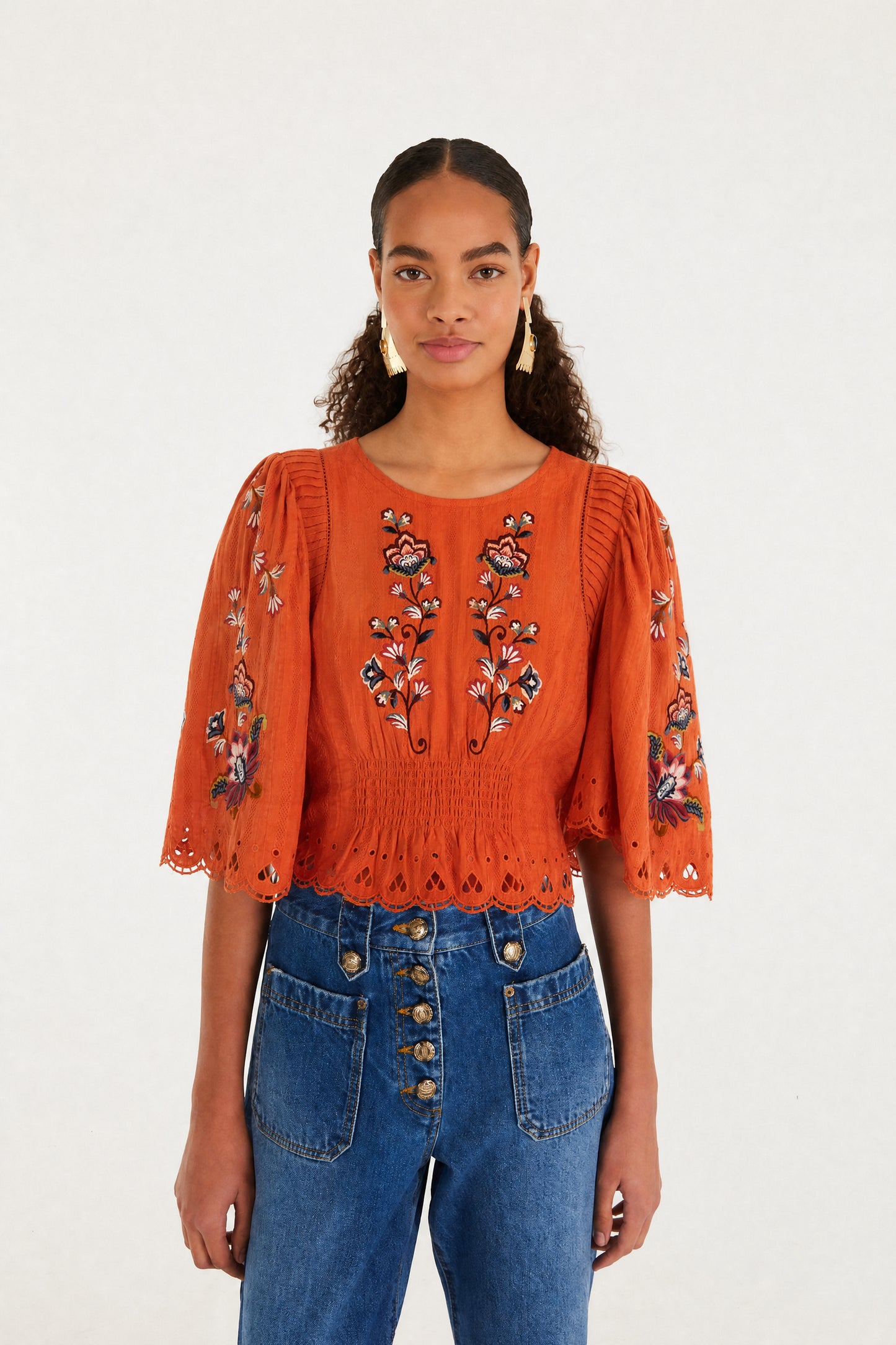 Orange Boho Flowers Embroidered Puff Sleeve Blouse