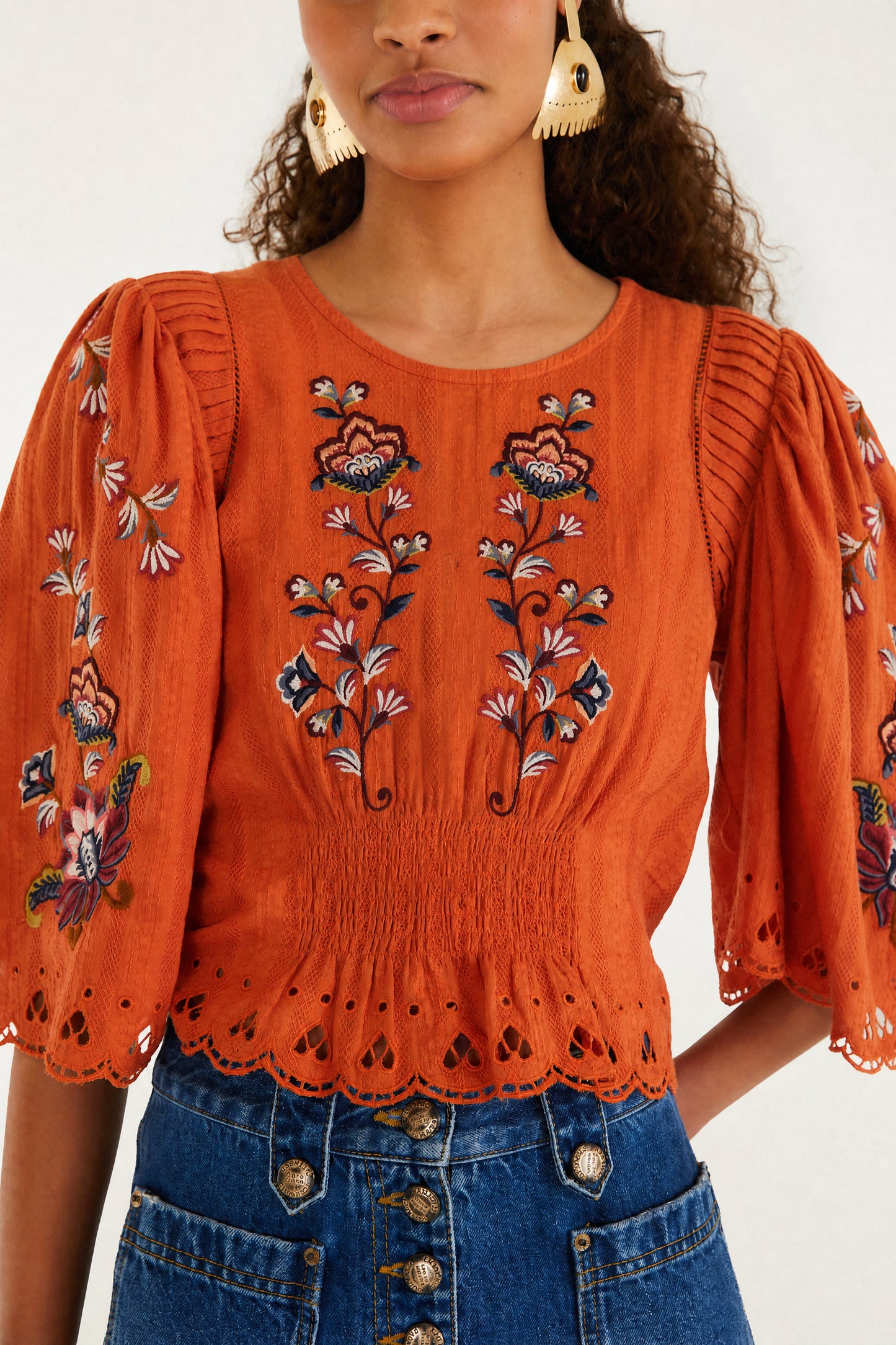 Orange Boho Flowers Embroidered Puff Sleeve Blouse