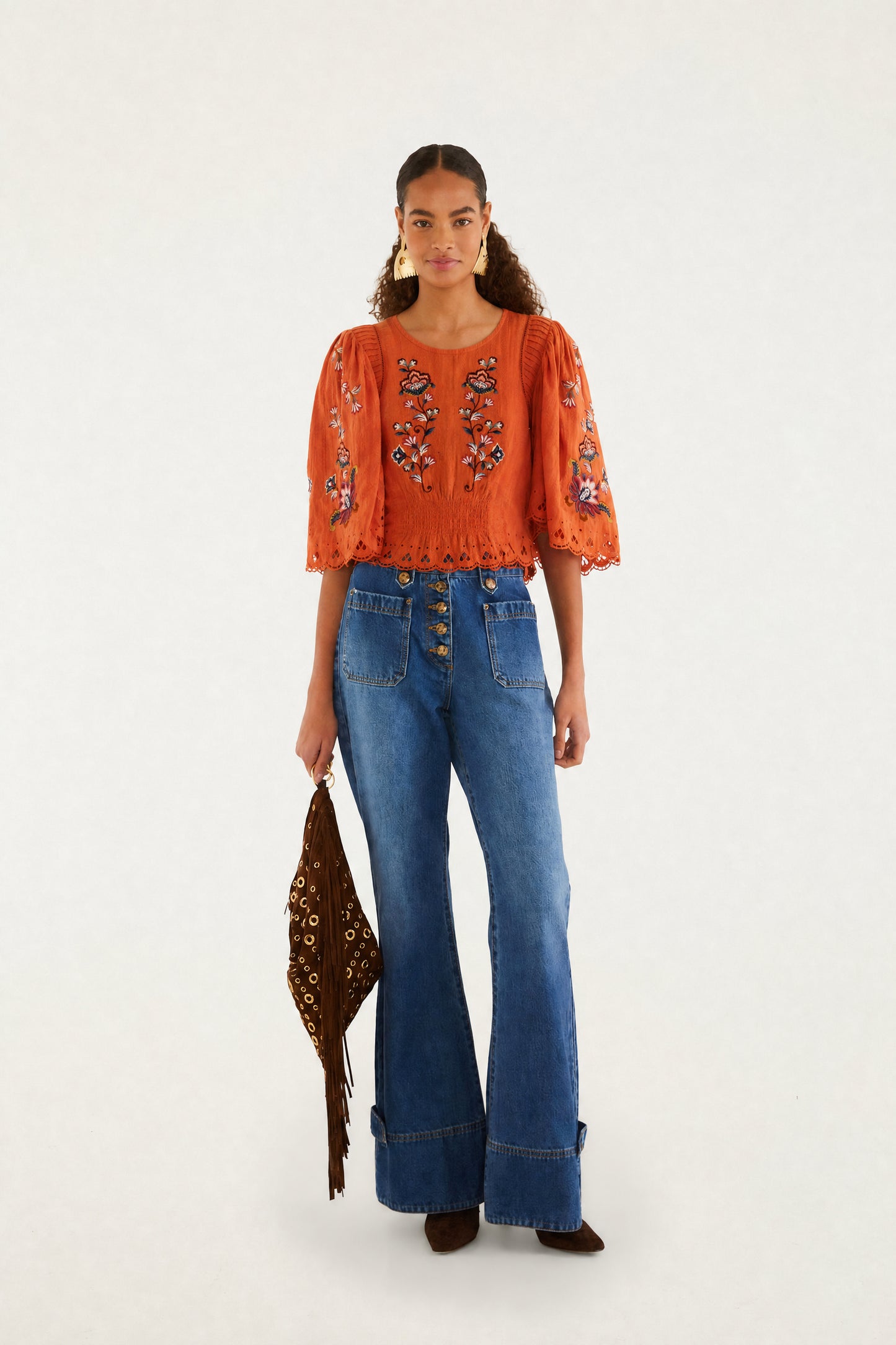 Orange Boho Flowers Embroidered Puff Sleeve Blouse