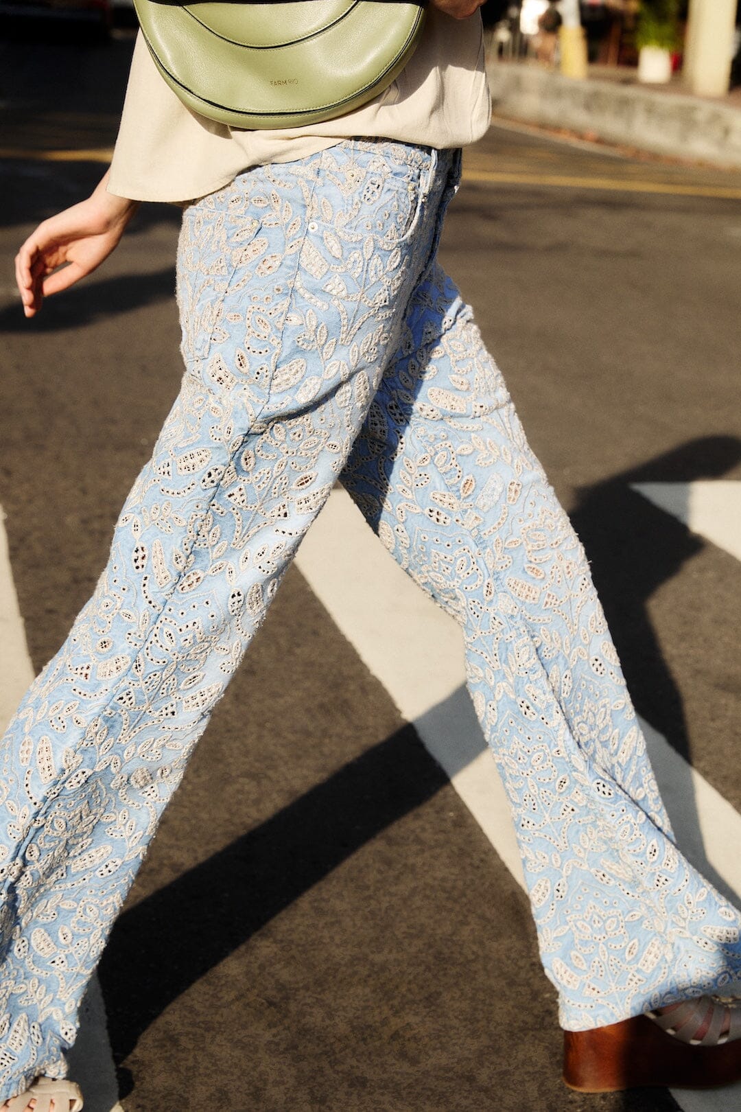 Denim Eyelet Pockets Flare Pants