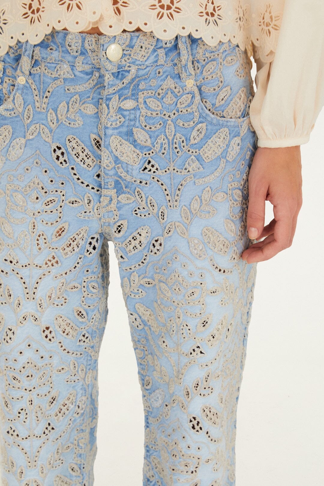 Denim Eyelet Pockets Flare Pants