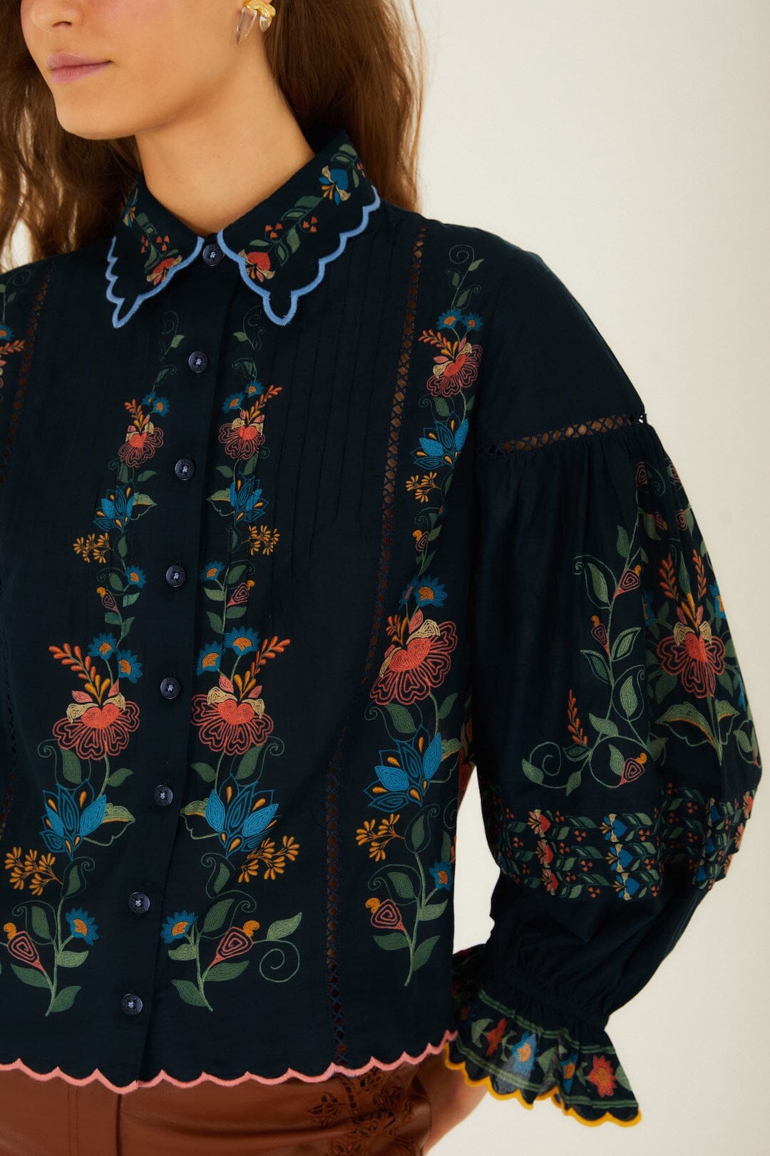 Navy Blue Stitched Garden Wavy Hem Blouse