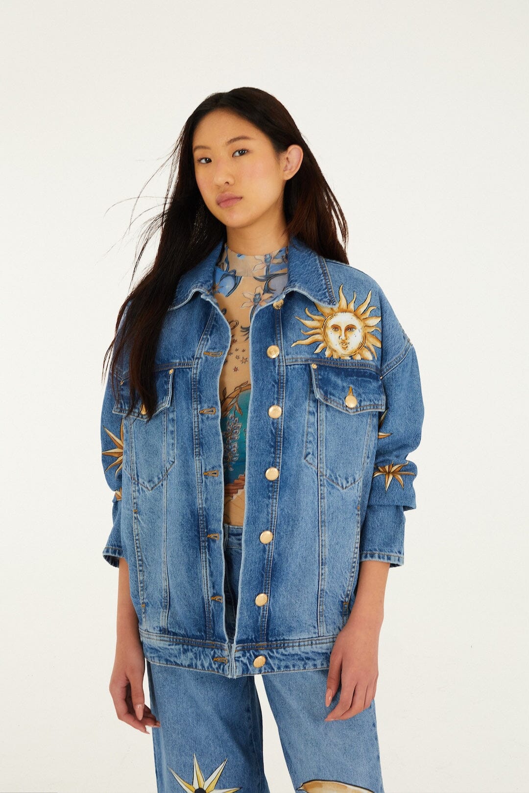 Denim Mystical Sun Printed Jacket