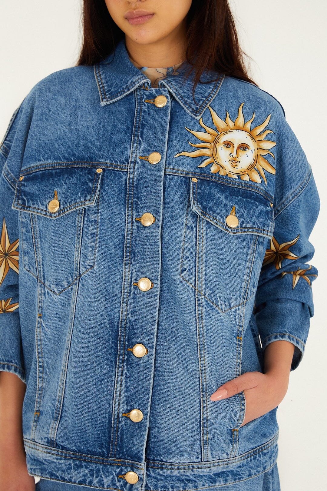 Denim Mystical Sun Printed Jacket