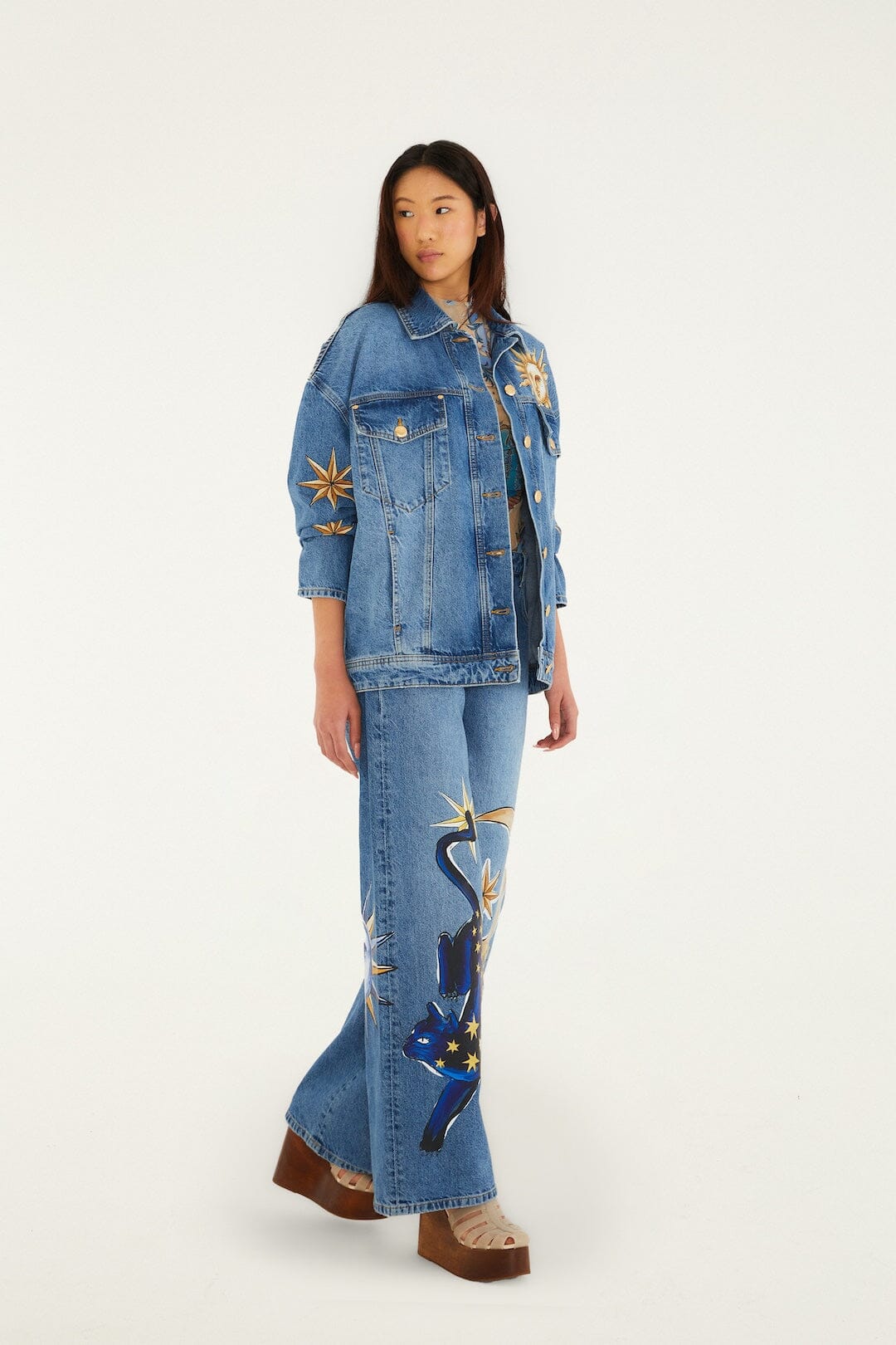 Denim Mystical Sun Printed Jacket