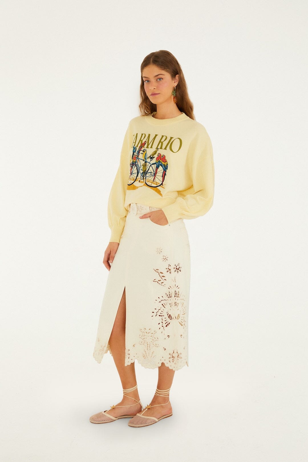 Beige Geometric Richelieu Twill Midi Skirt